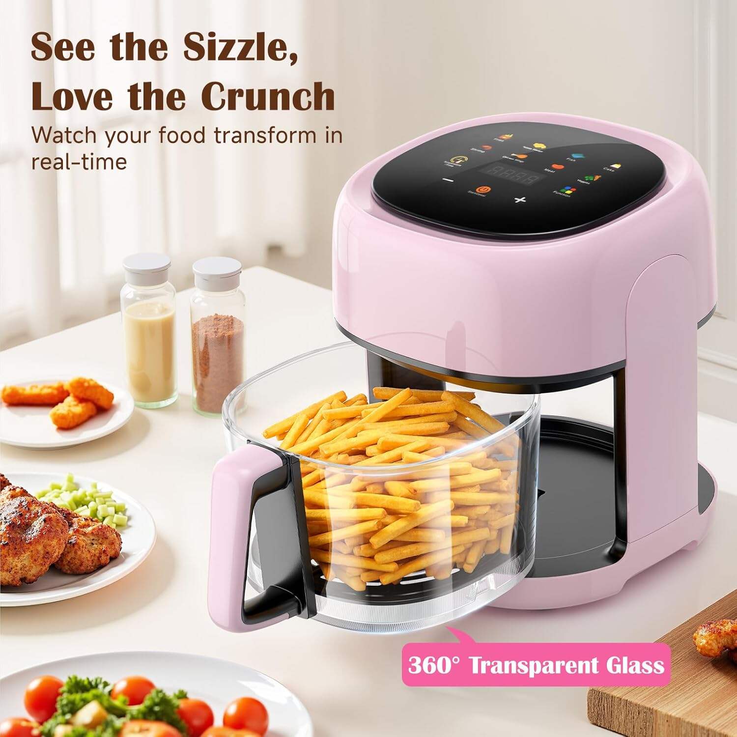 8-In-1 Glass Air Fryer, 5 QT Airfryer with Easy-View Glass Basket, Adjustable Temperature, Touch Panel Control, Circulating Heating, Compact and Large, Nonstick & Dishwasher Safe Fry Bowl