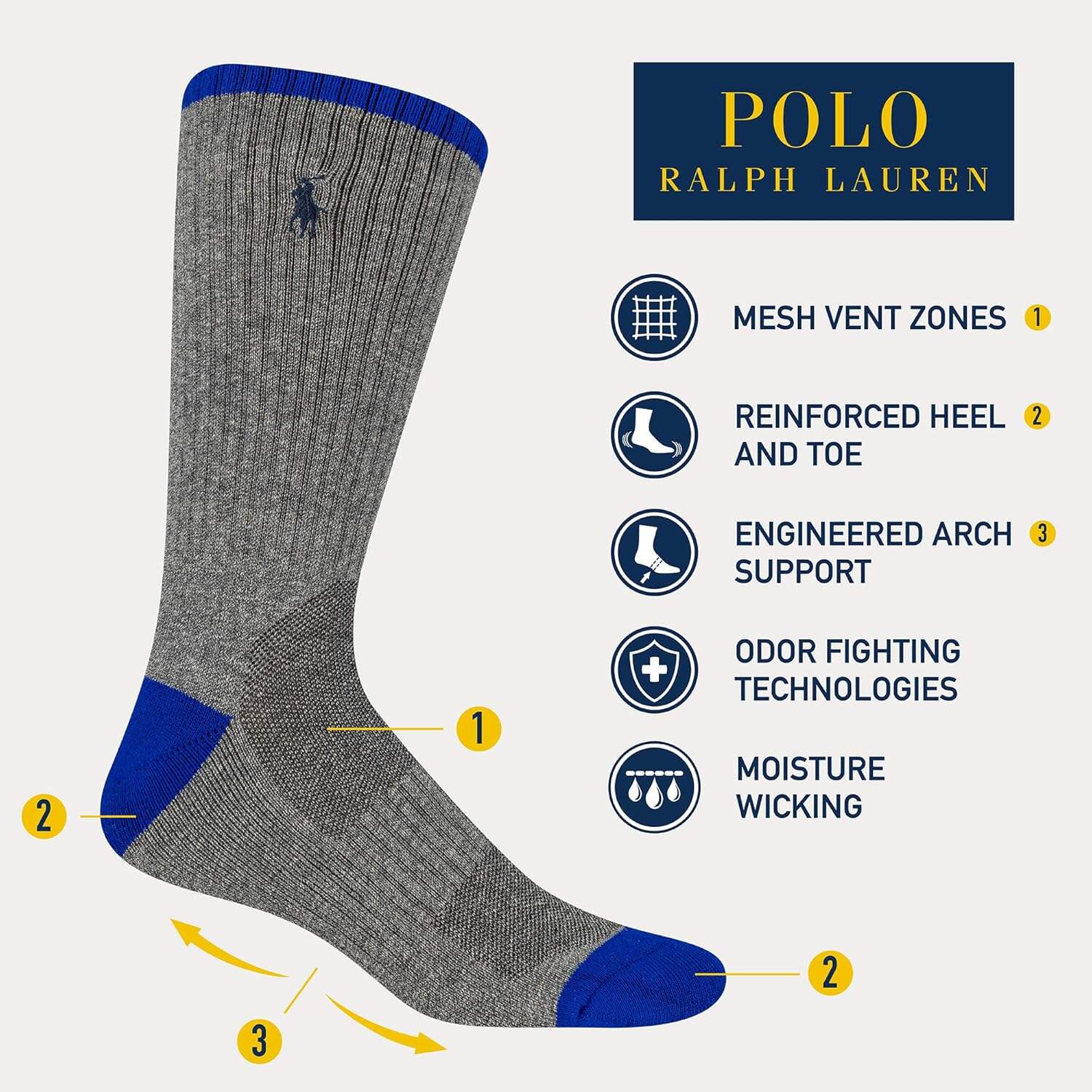 POLO RALPH LAUREN Men's Athletic Performance Cotton Crew Socks - 6 Pair Pack - Moisture Wicking Mesh