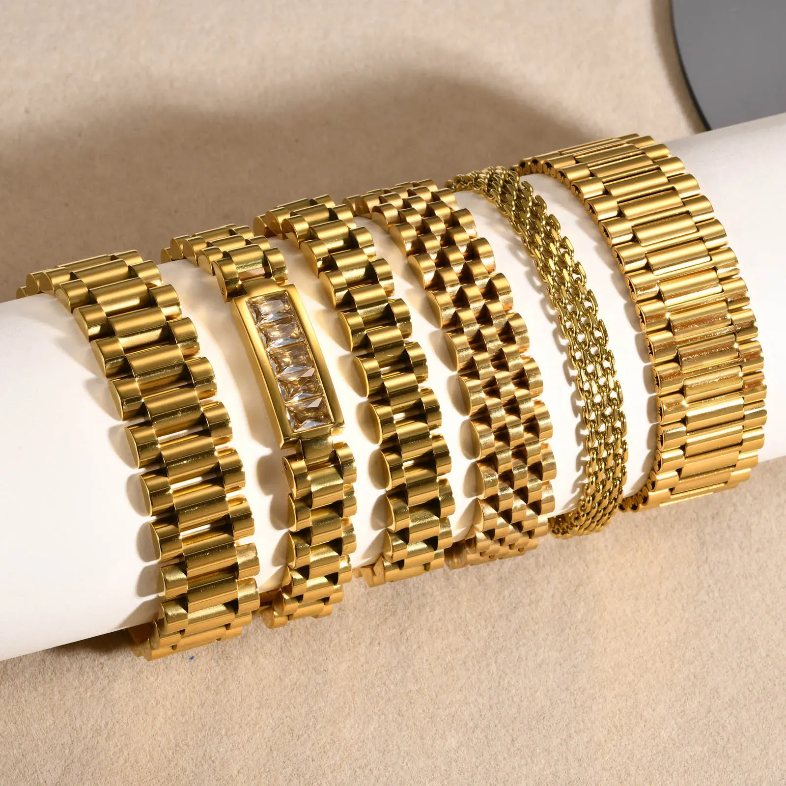 18K Gold Plated 316 Stainless Steel Watch Band Link Chain Wristband Fashion Jewelry Bracelet Women Men