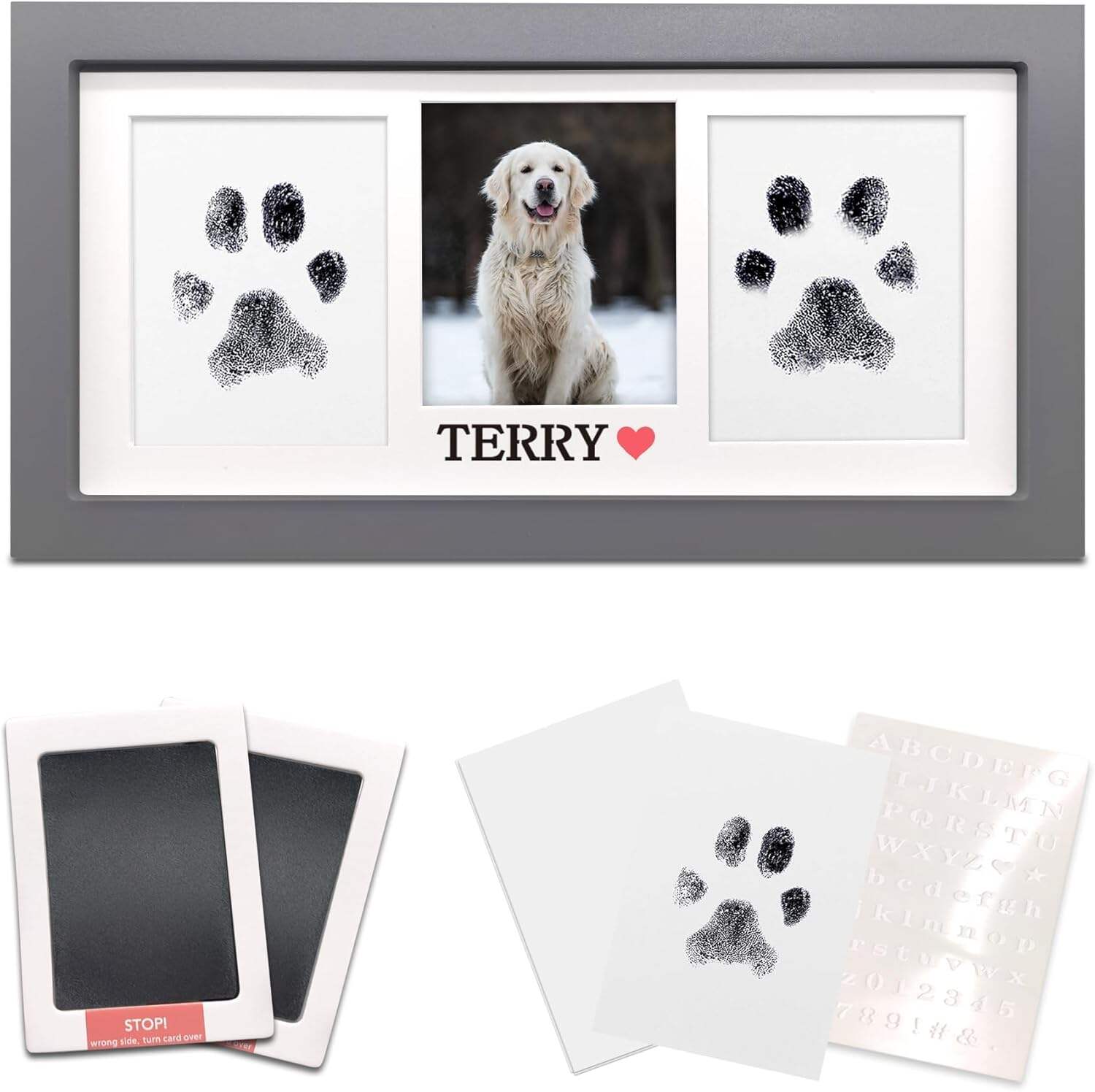 MYPAWLETS Paw Print Frame & Ink Pads Kit,Dog or Cat Paw Print Kit,2 No Mess Ink Pads for Pets,Paw Print Stamp Pad for Dogs,Wooden Pet Memorial Frame,Personalized Pet Paw Print Gifts