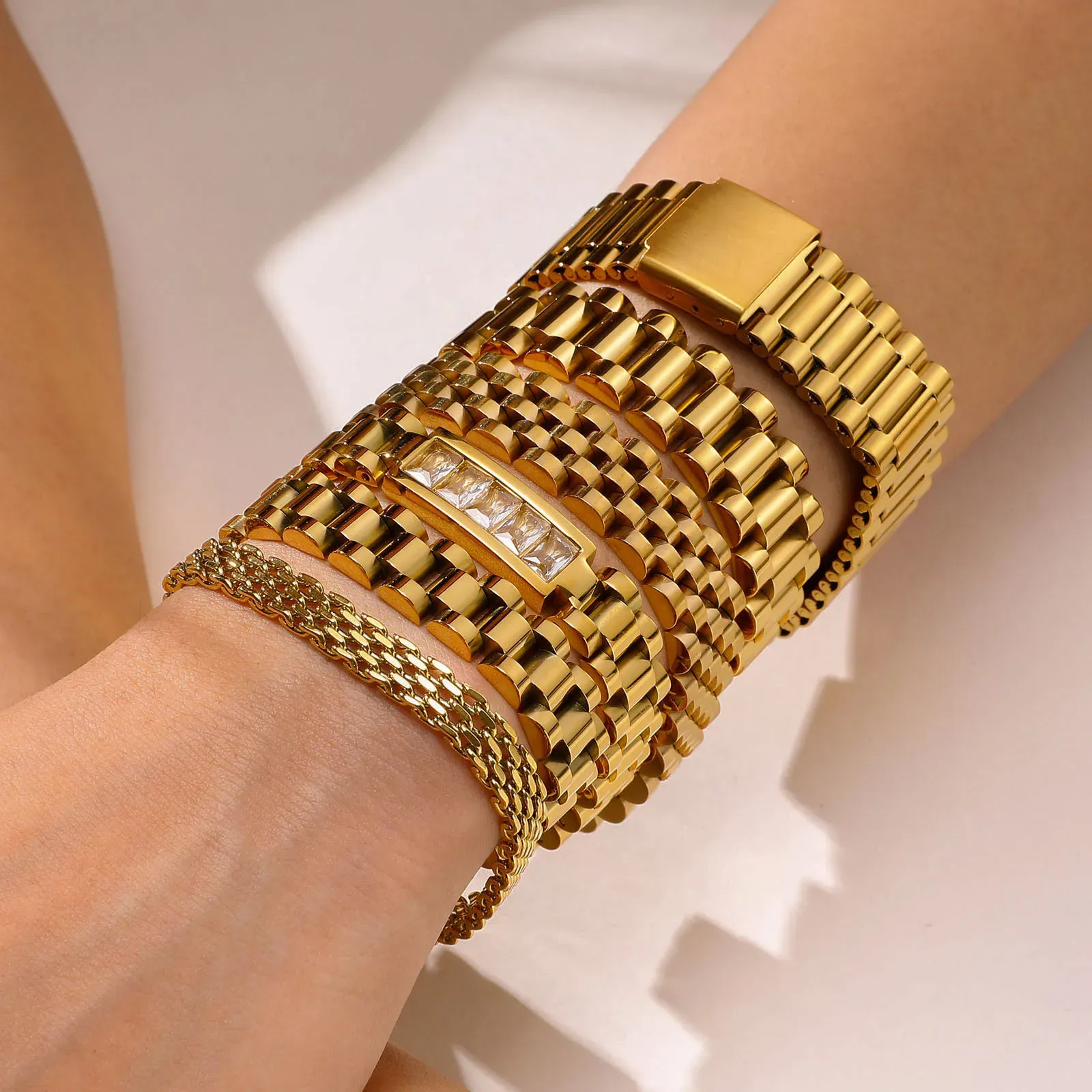 18K Gold Plated 316 Stainless Steel Watch Band Link Chain Wristband Fashion Jewelry Bracelet Women Men