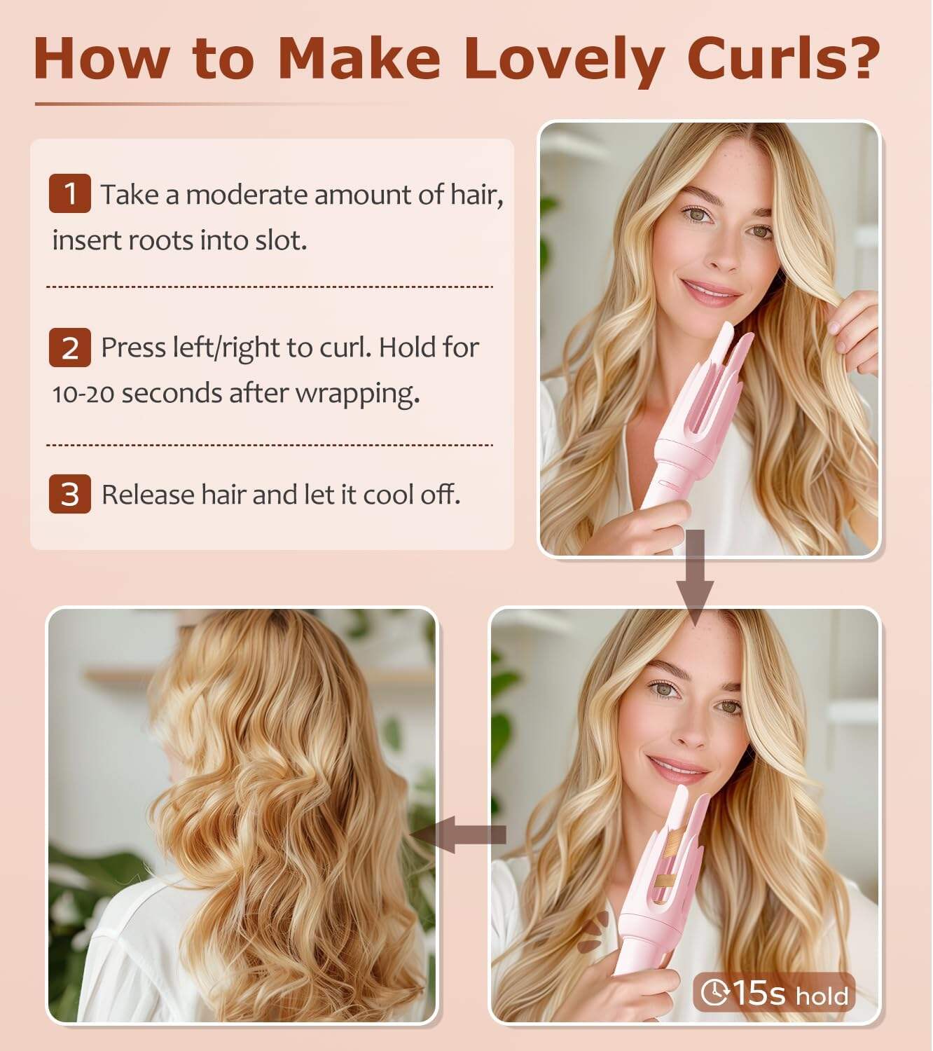 Auto Hair Curler, Automatic Curling Iron with 4 Temperature & 3 Timer, Automatic Shut-Off, Anti-Scald, Anti-Tangle Rotating Curling Wand for Hair Styling, Pink