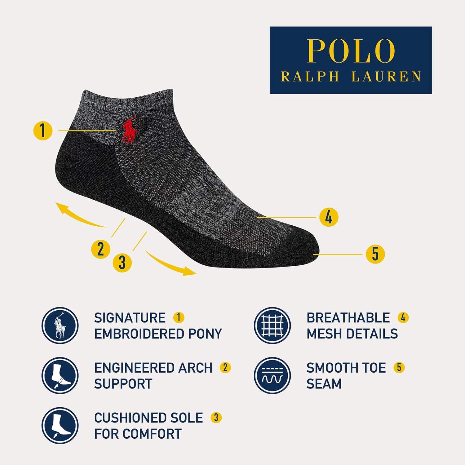 POLO RALPH LAUREN Men's Classic Sport Marled Socks-6 Pair Pack-Breathable Mesh and Arch Support