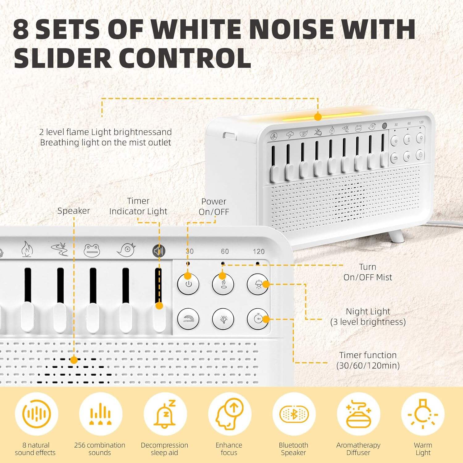 White Noise Sound Machine Humidifier – 8 Nature Sounds, Timer, Auto-Off, Bluetooth Speaker, Flame Light & Aroma Diffuser for Sleep, Meditation & Yoga