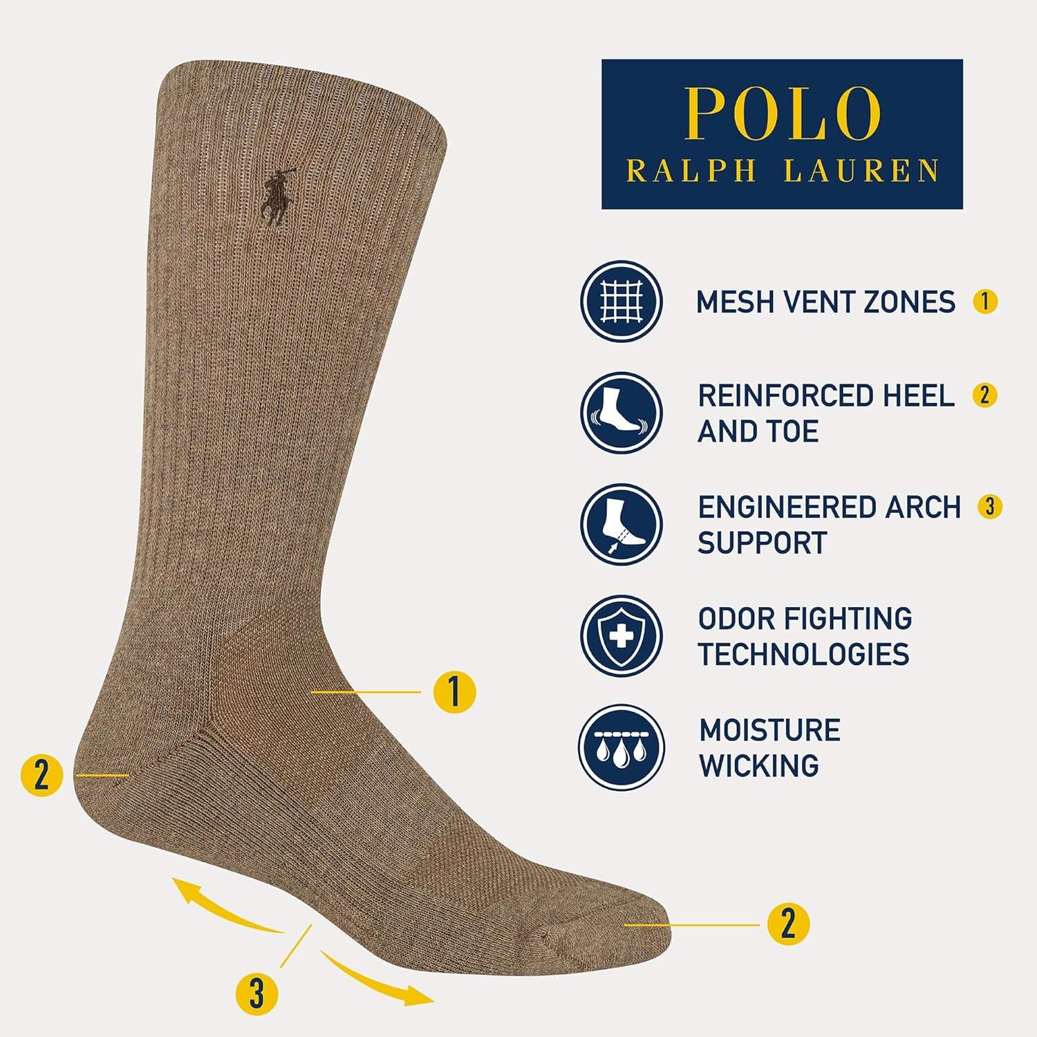POLO RALPH LAUREN Men's Athletic Performance Cotton Crew Socks - 6 Pair Pack - Moisture Wicking Mesh