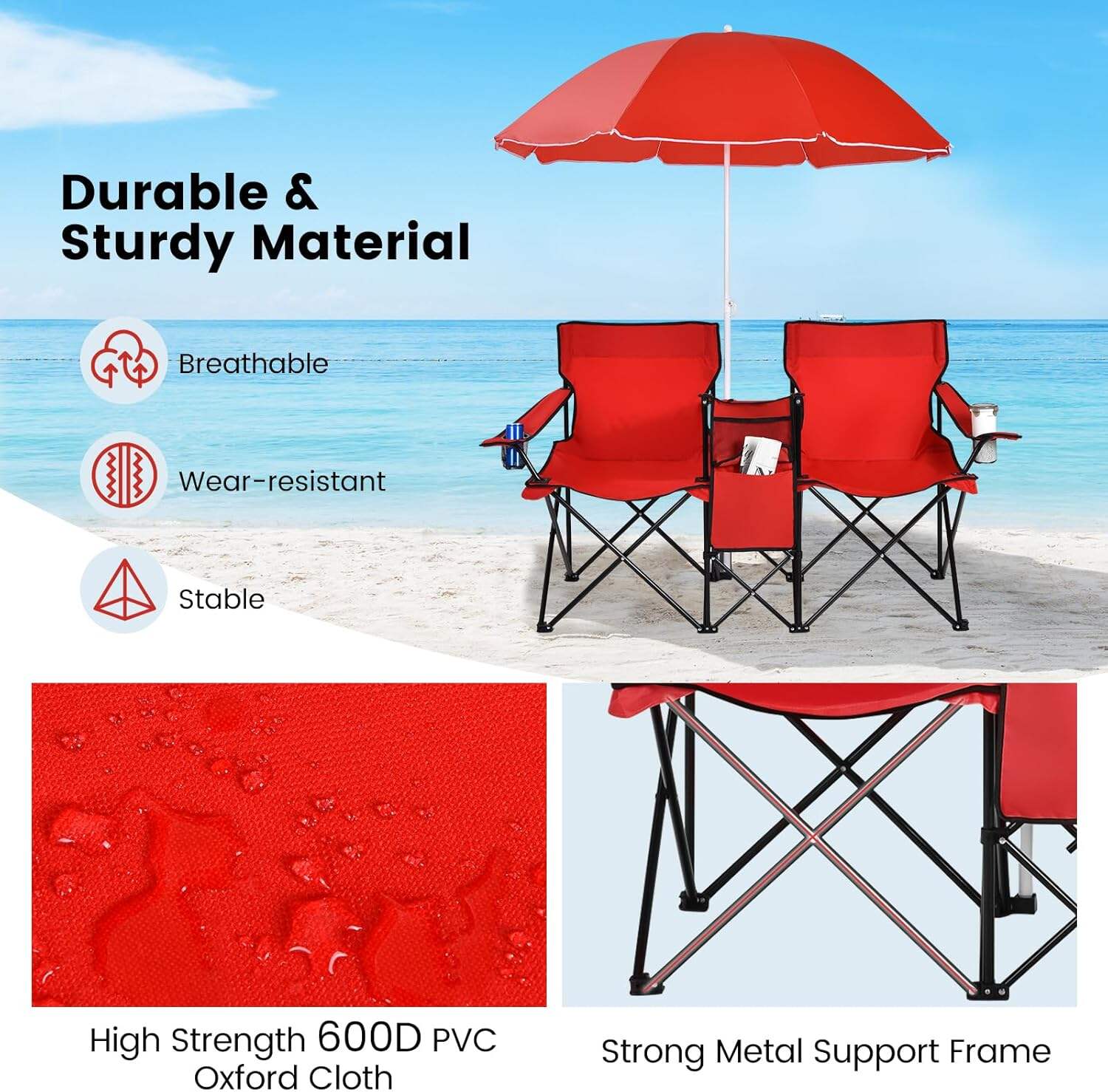 Double Camping Chair, 2-Person Portable Beach Chair w/Removable Umbrella, Cup Holders & Carrying Bag, Folding Loveseat Chairs for Adults Outdoor Picnic (Blue)