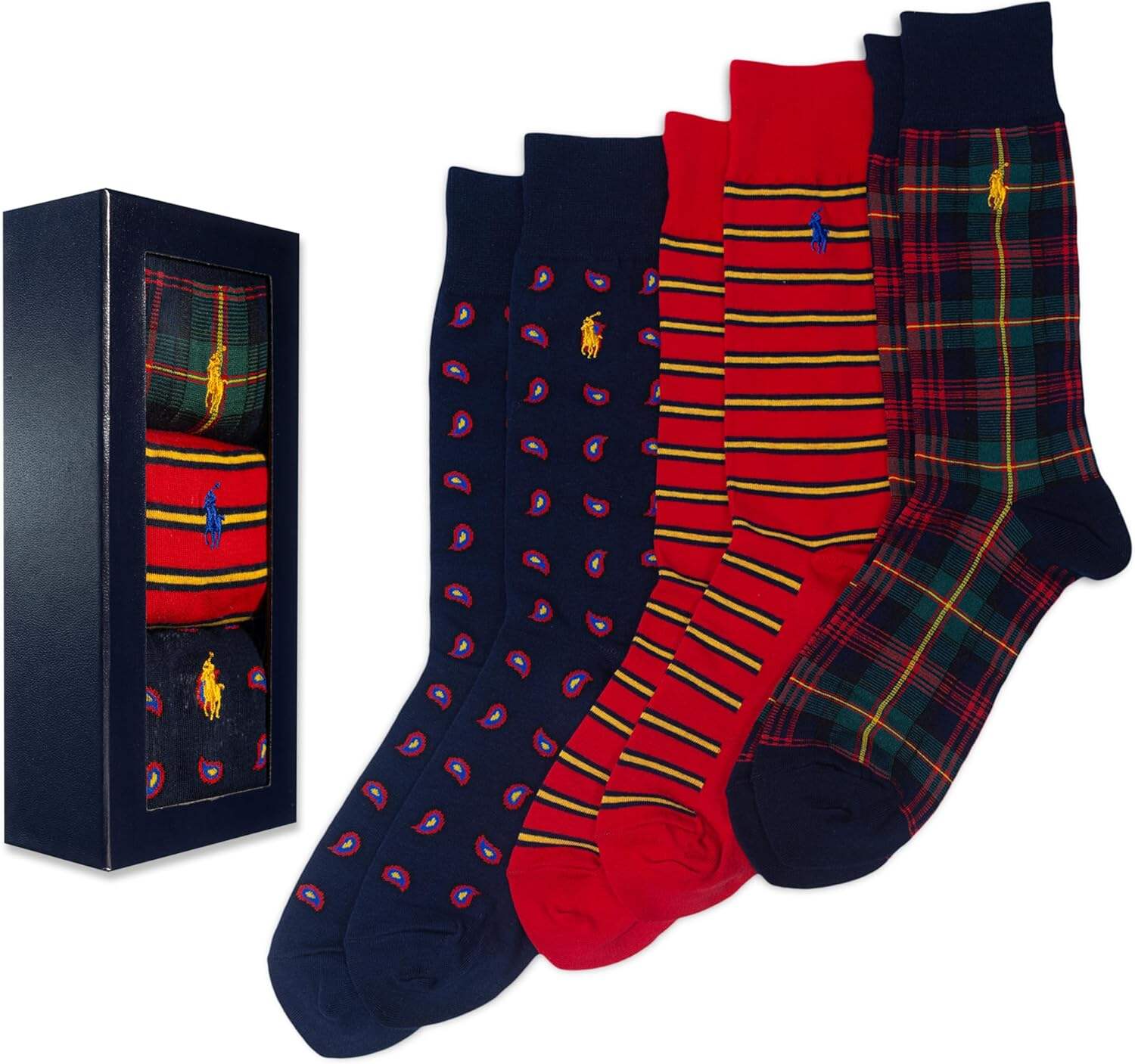 Polo Ralph Lauren Men's Argyle Pattern Dress Crew Socks - 3 Pair Pack - Soft Lightweight Cotton Comfort