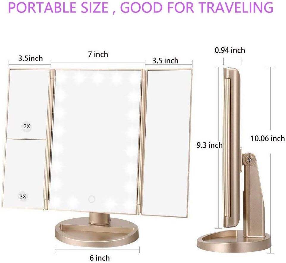 deweisn Tabletop Mount Trifold Lighted Vanity Mirror with 21 LED Lights, Touch Screen and 3X/2X/1X Magnification, Two Power Supply Mode Make up Mirror,Travel Mirror