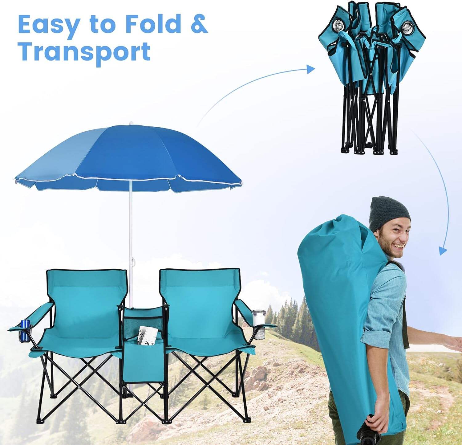 Double Camping Chair, 2-Person Portable Beach Chair w/Removable Umbrella, Cup Holders & Carrying Bag, Folding Loveseat Chairs for Adults Outdoor Picnic (Blue)