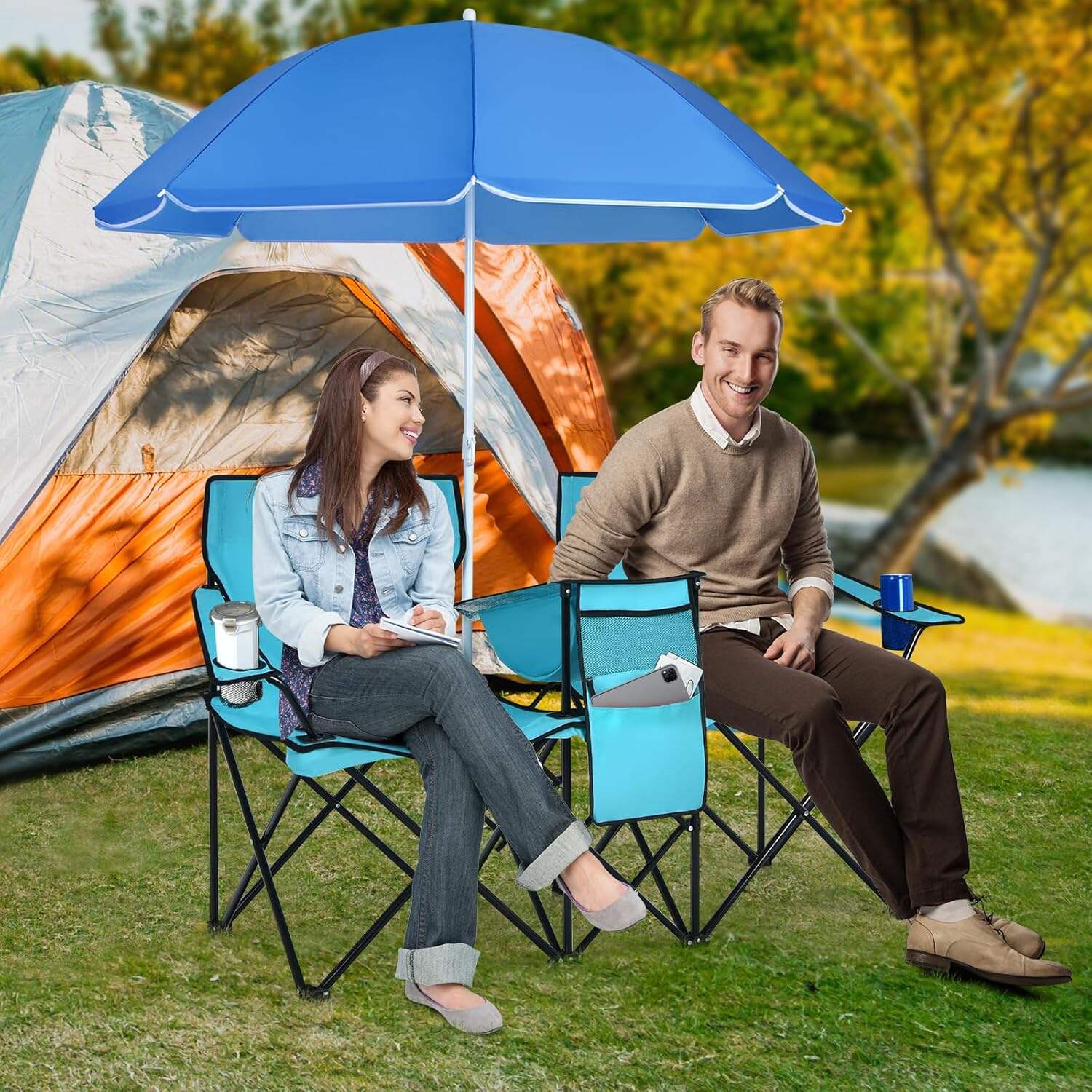 Double Camping Chair, 2-Person Portable Beach Chair w/Removable Umbrella, Cup Holders & Carrying Bag, Folding Loveseat Chairs for Adults Outdoor Picnic (Blue)