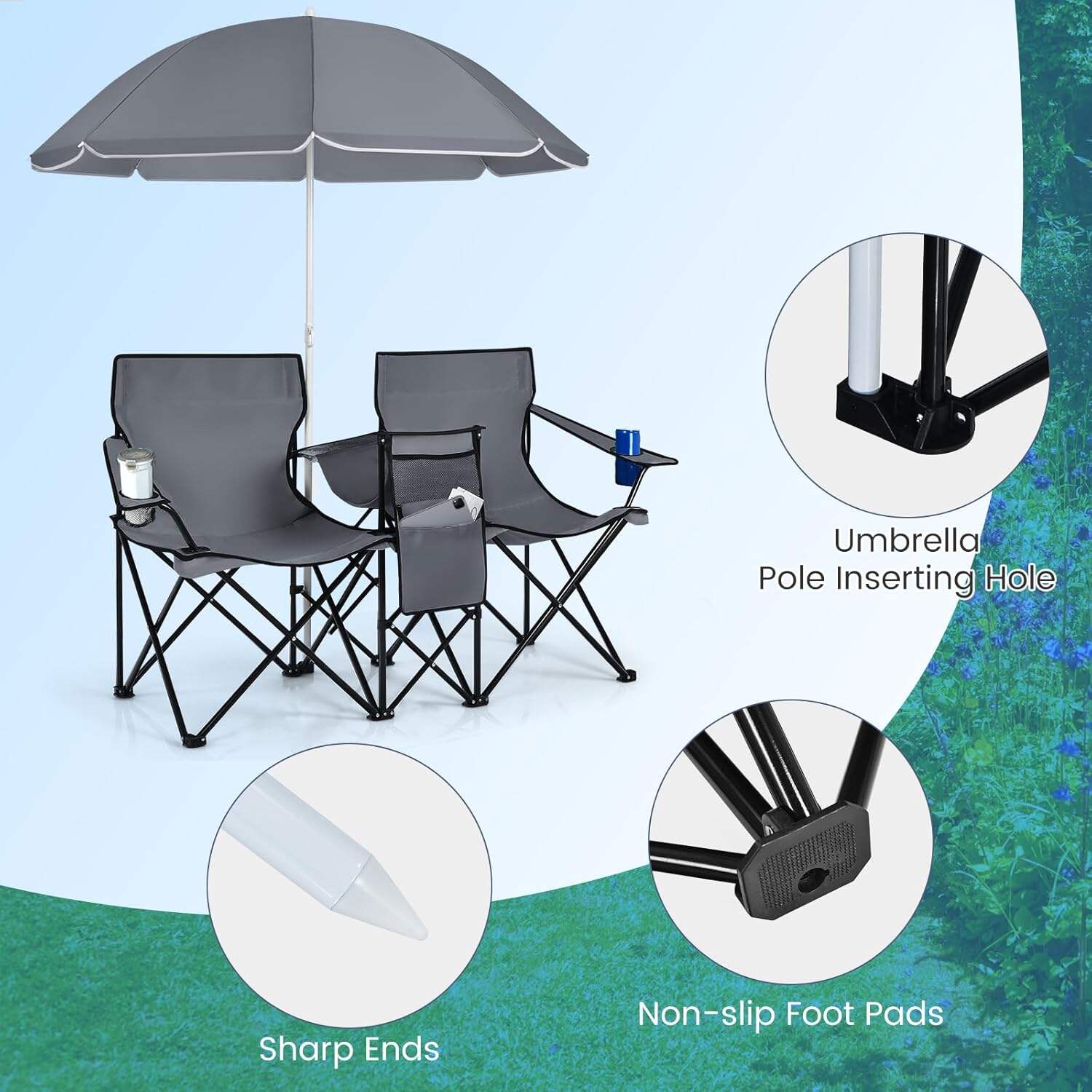 Double Camping Chair, 2-Person Portable Beach Chair w/Removable Umbrella, Cup Holders & Carrying Bag, Folding Loveseat Chairs for Adults Outdoor Picnic (Blue)
