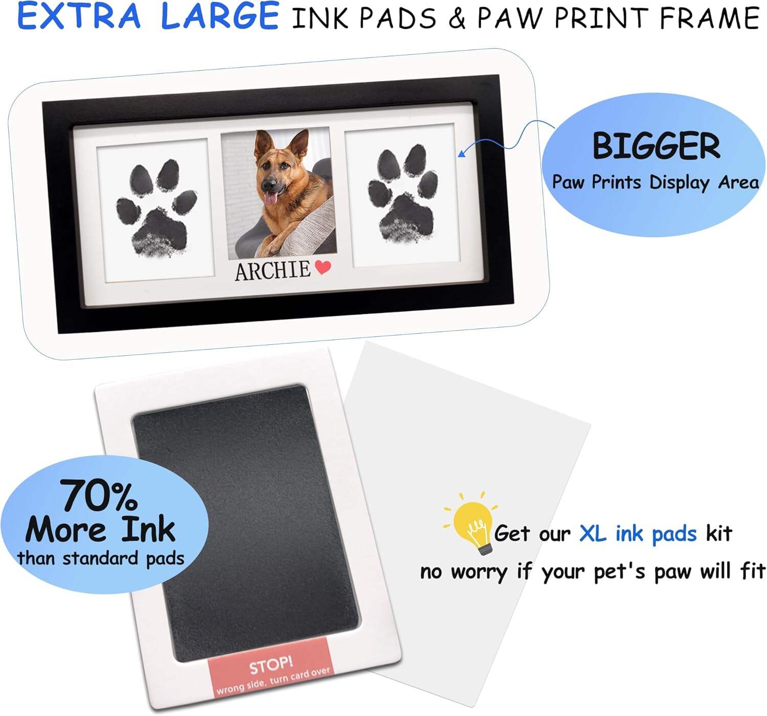 MYPAWLETS Paw Print Frame & Ink Pads Kit,Dog or Cat Paw Print Kit,2 No Mess Ink Pads for Pets,Paw Print Stamp Pad for Dogs,Wooden Pet Memorial Frame,Personalized Pet Paw Print Gifts