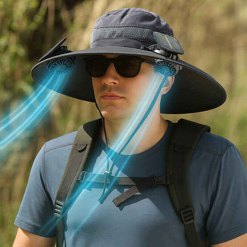 Solar-Powered Double Fan Sun Hat – Wide Brim Outdoor UV Protection Fishing Cap