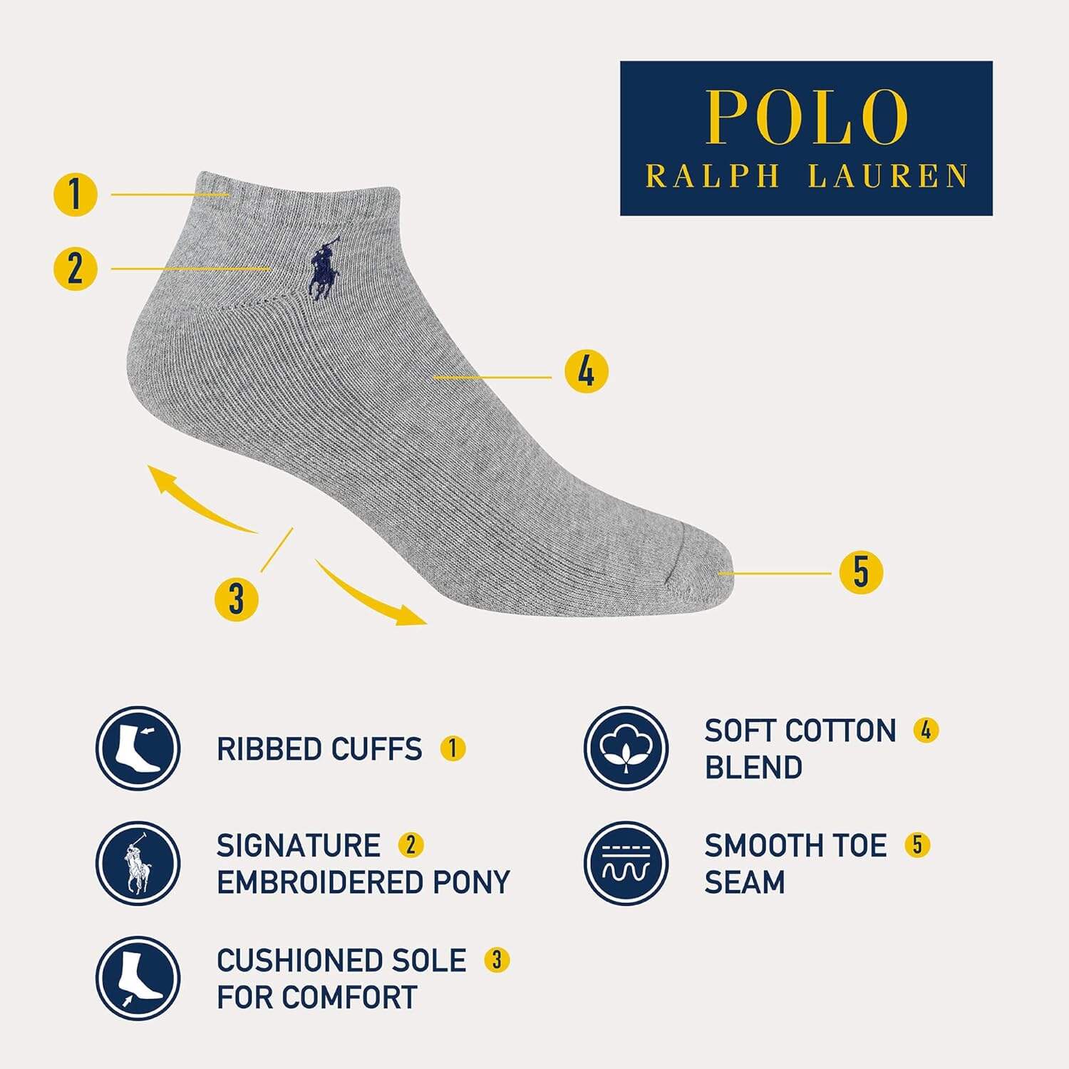 POLO RALPH LAUREN mens Classic Sport Solid Low Cut Socks - 6 Pair Pack - Athletic Cushioned Cotton