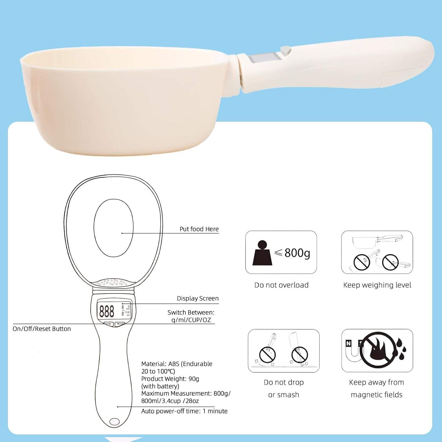 Digital Measuring Spoon, Digital Food Spoon Scale, Weighing Spoon Scale 800g / 0.1g High Accuracy with LCD Screen, Display Electronic Measuring Spoon for Kitchen Utensils and Daily Meals Pet Feeding
