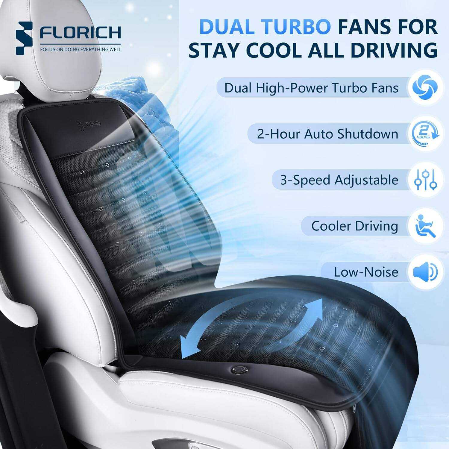 FLORICH Cooling Car Seat Cover, 12V-24V Ventilated Seat Cushion Cooling Car Seat Pad for Summer Driving with 2 Powerful Turbo Fans 3-Speed Temperature Adjustable Universal Fit for Car SUV Truck Van