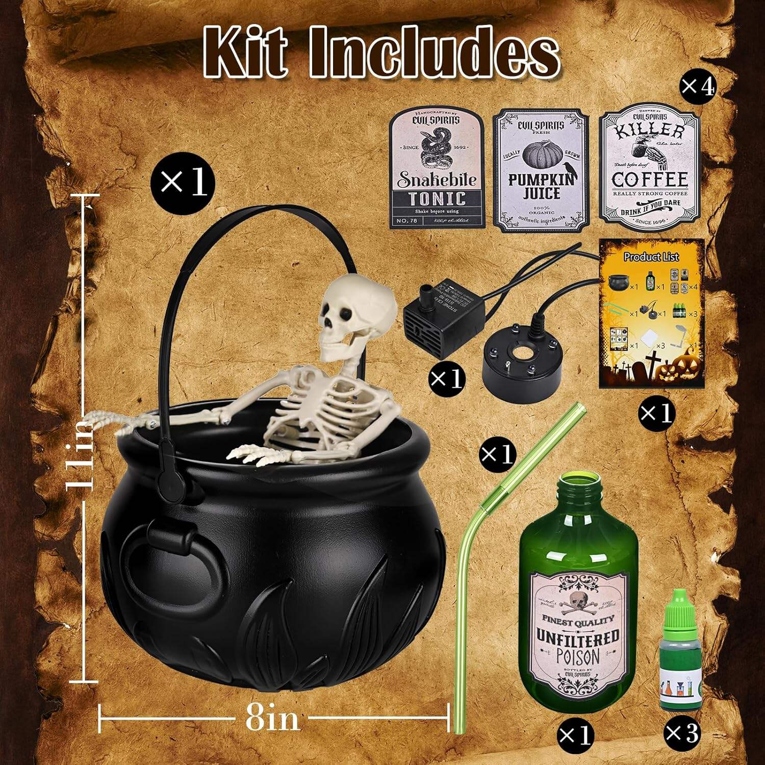 Halloween Decorations Indoor - Cauldron Halloween Decor with Magic Floating Potion Bottles and Diffuser - Black Plastic Witches Bowl Hocus Pocus Party Decoration for Spooky Vintage Home Kitchen Table