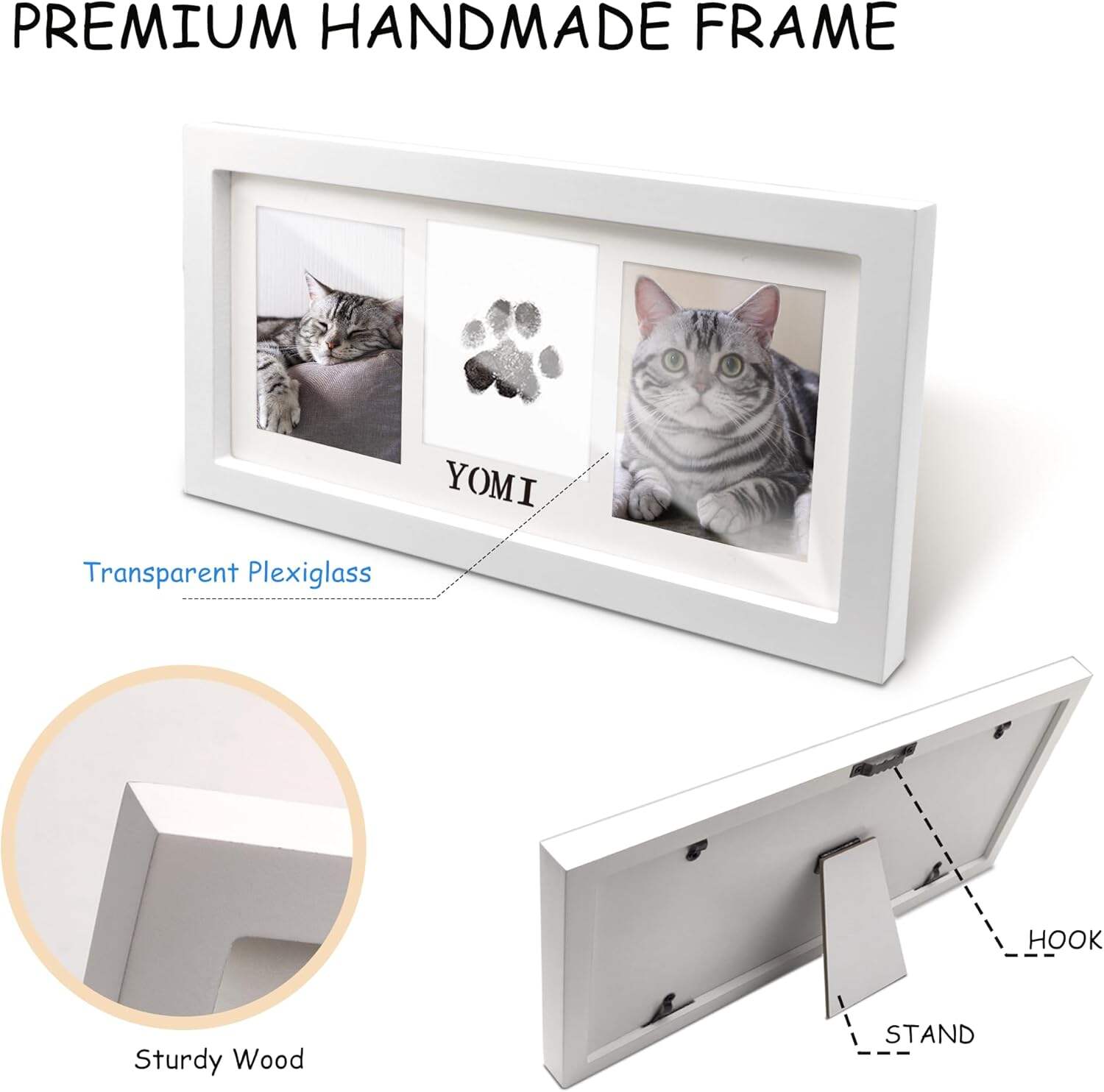 MYPAWLETS Paw Print Frame & Ink Pads Kit,Dog or Cat Paw Print Kit,2 No Mess Ink Pads for Pets,Paw Print Stamp Pad for Dogs,Wooden Pet Memorial Frame,Personalized Pet Paw Print Gifts