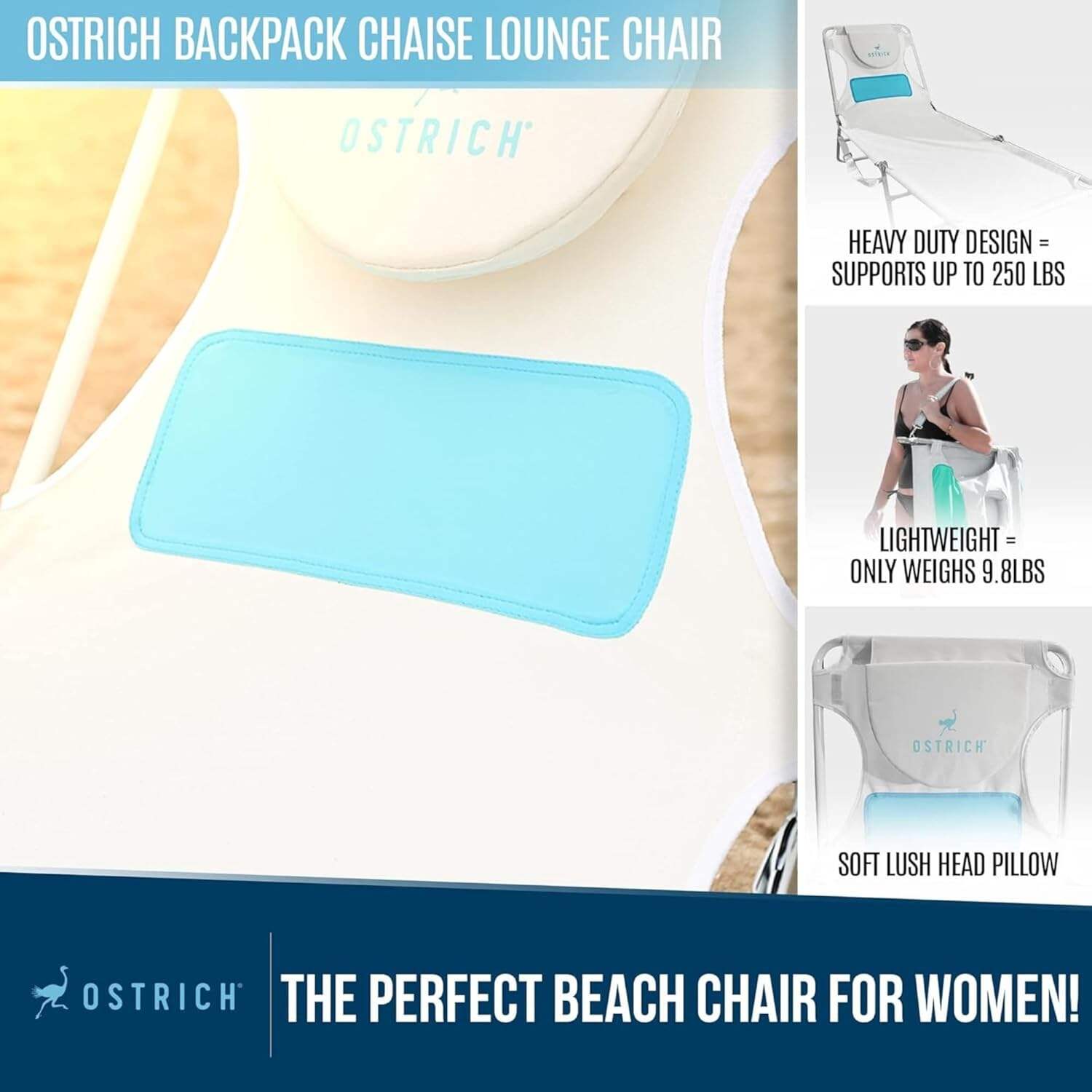 Ostrich Ladies Comfort Lounger, Foldable Beach Camping Pool Tanning Chair, Aqua