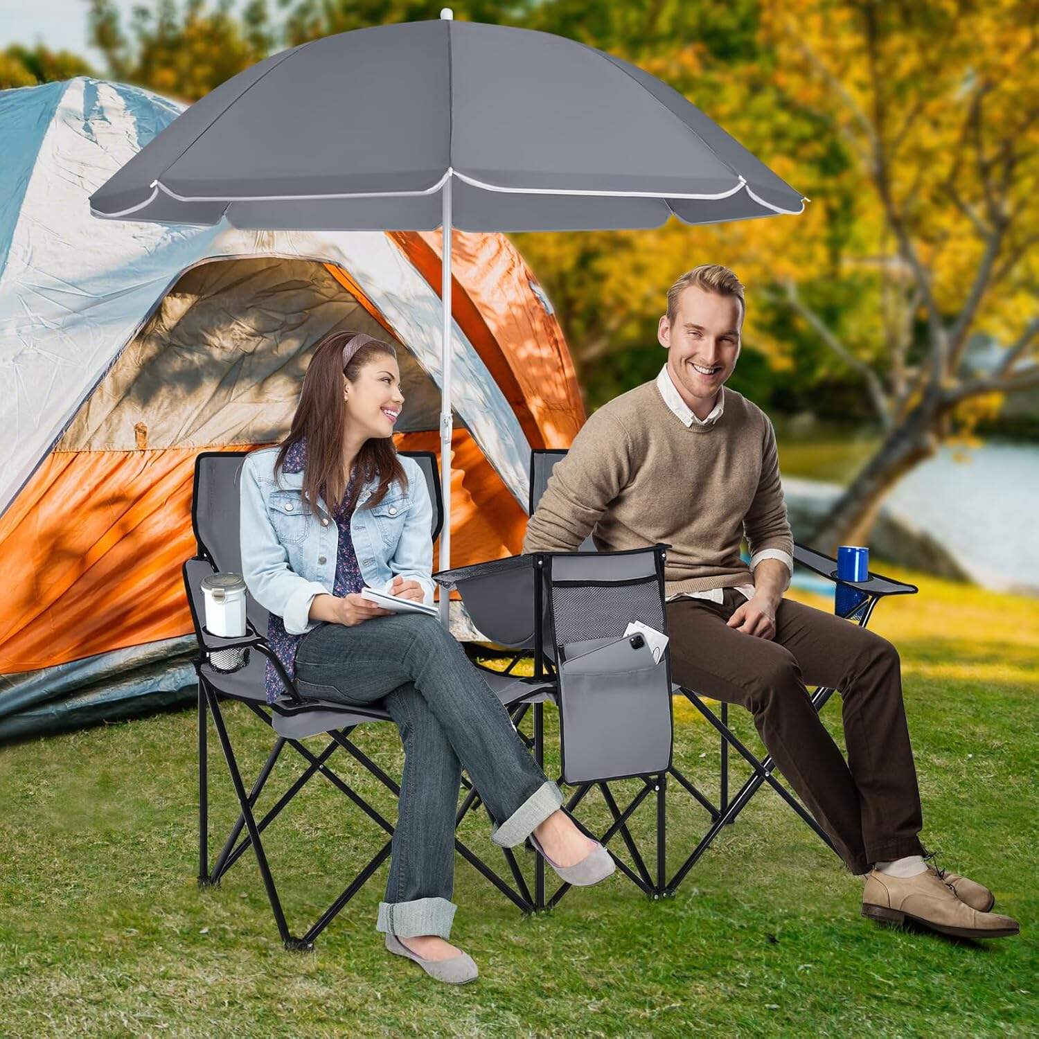 Double Camping Chair, 2-Person Portable Beach Chair w/Removable Umbrella, Cup Holders & Carrying Bag, Folding Loveseat Chairs for Adults Outdoor Picnic (Blue)