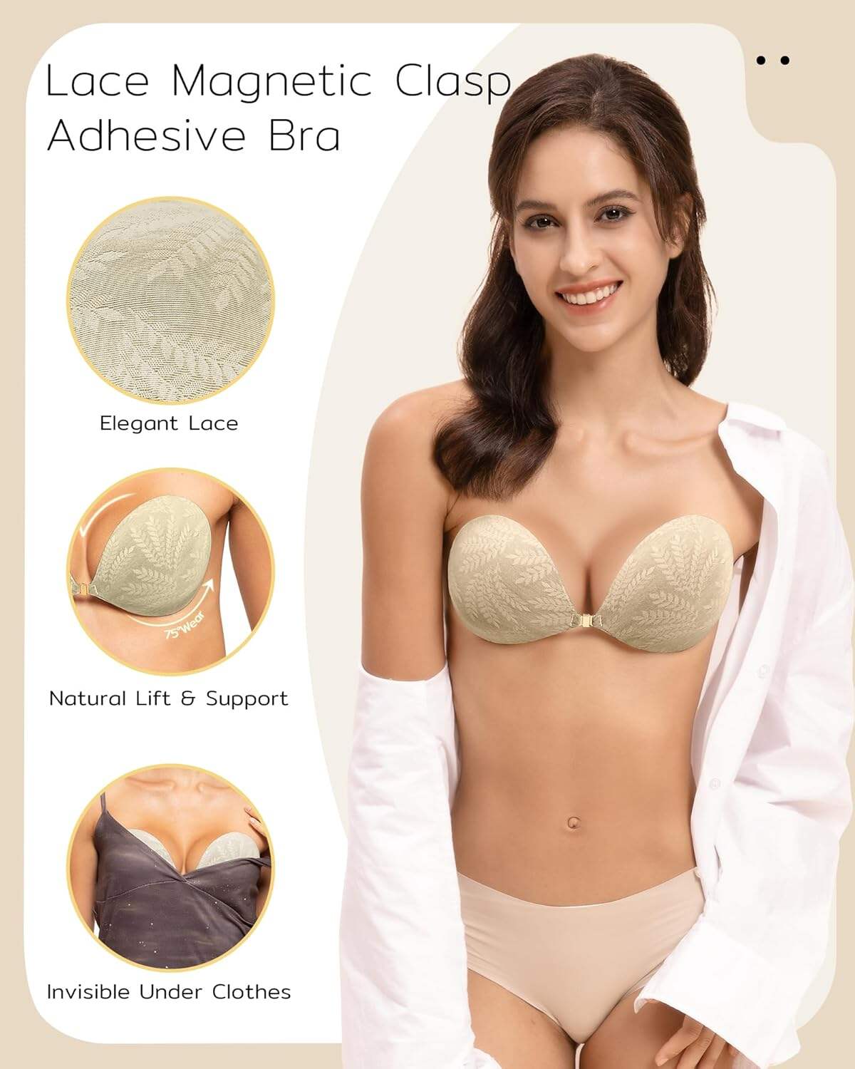 Niidor Adhesive Strapless Bra for Women Sticky Invisible Push up Silicone Bra for Backless Dress 2025 Upgraded Clasp Bras