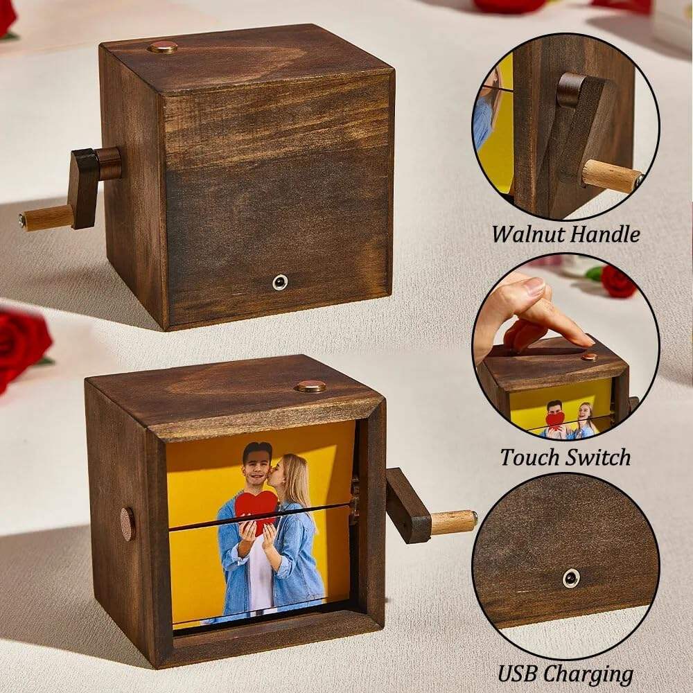 Hand Crank Photo Album with Light, Mini Photo Album, Custom Picture Flip Book Frame, Personalized Animation Machine Mechanical Hand-cranked Decoration Creative Gifts for Couple Family Mother's Day