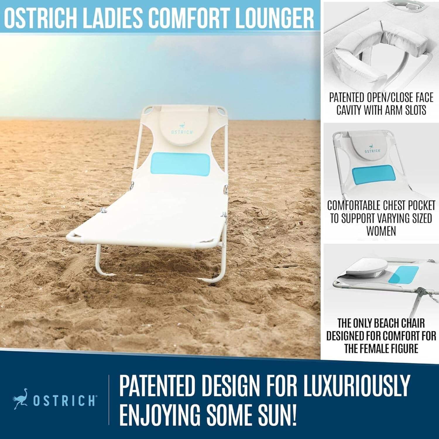 Ostrich Ladies Comfort Lounger, Foldable Beach Camping Pool Tanning Chair, Aqua