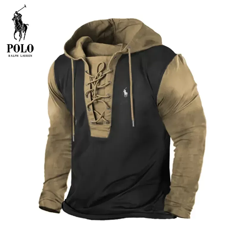 Ralph Lauren Men's Outdoor Vintage Colorblock Lace-Up Hooded Long Sleeve T-Shirt