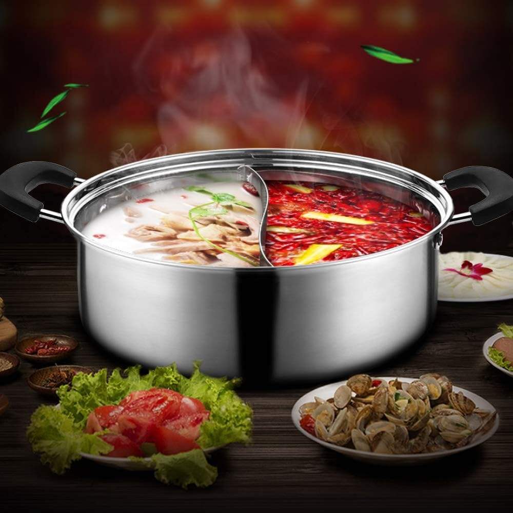 Food Grade Stainless Steel Aluminum Alloy Shabu Shabu Hot pot with Divider&Lid for Induction Cooktop Gas Stove Dual Sided Soup Cookware