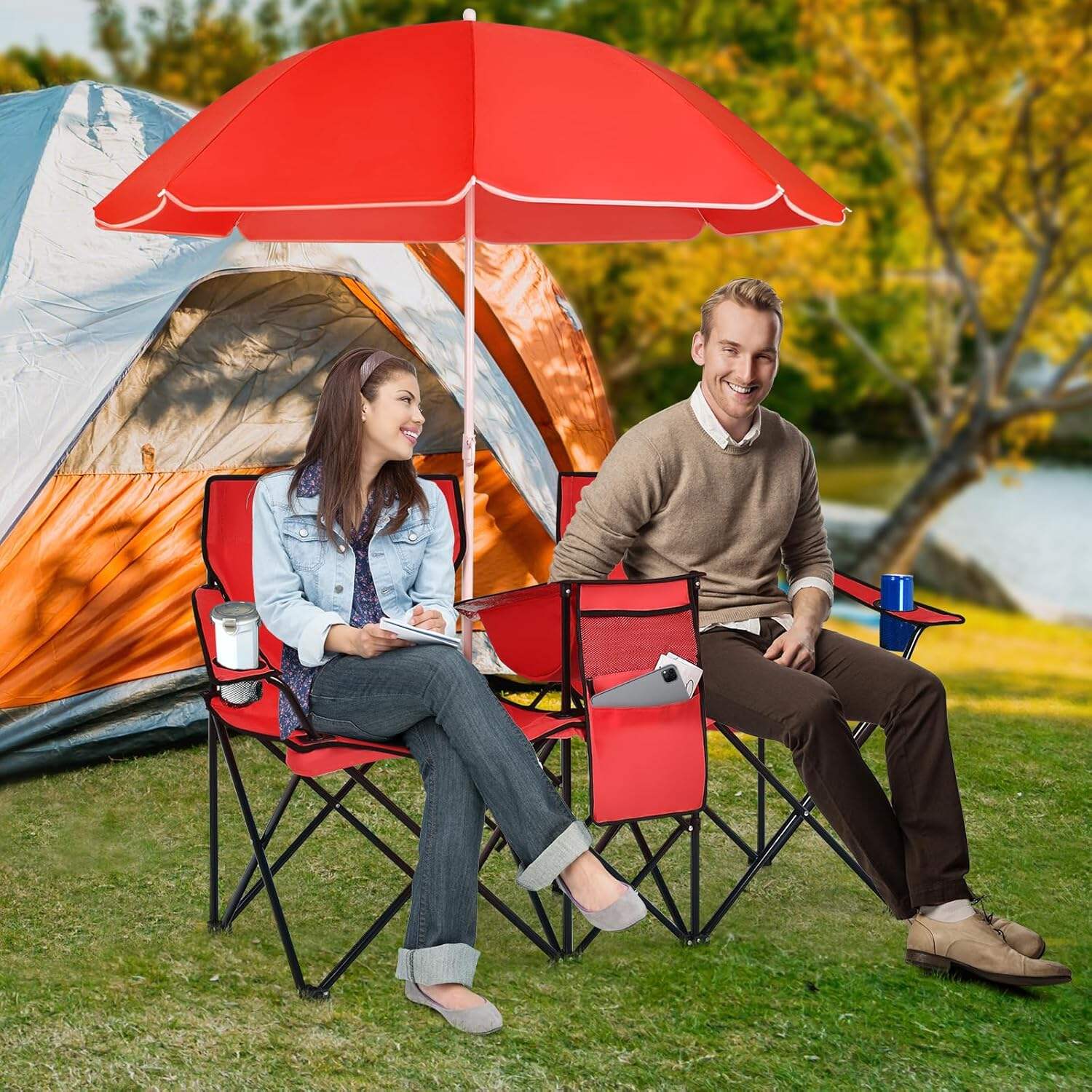 Double Camping Chair, 2-Person Portable Beach Chair w/Removable Umbrella, Cup Holders & Carrying Bag, Folding Loveseat Chairs for Adults Outdoor Picnic (Blue)