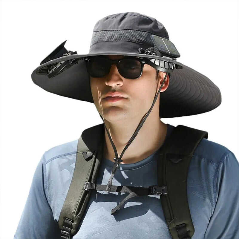 Solar-Powered Double Fan Sun Hat – Wide Brim Outdoor UV Protection Fishing Cap