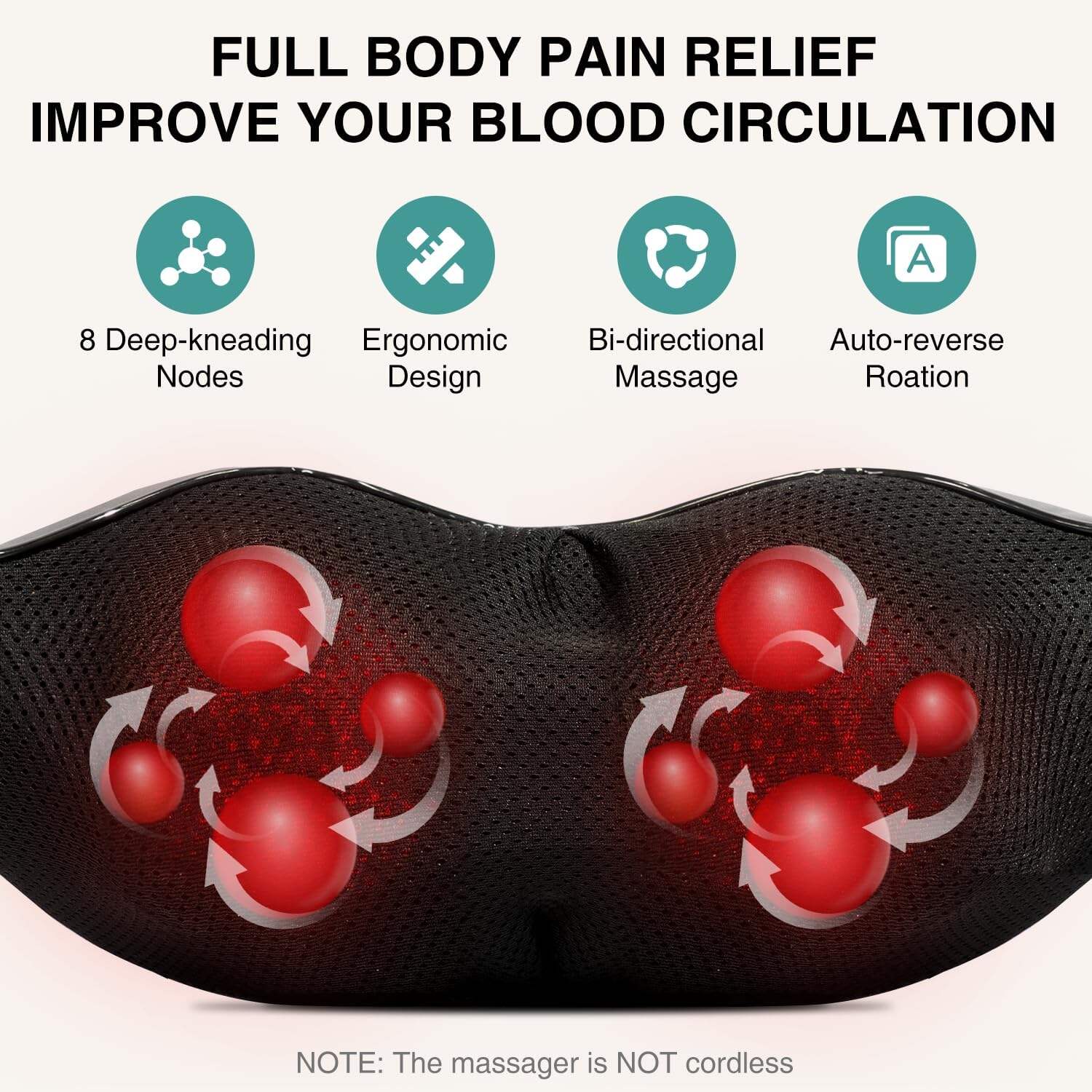 Shiatsu Neck and Back Massager with Soothing Heat, Electric Deep Tissue 3D Kneading Massage for Shoulder, Leg, Body Muscle Pain Relief, Home, Office, and Car