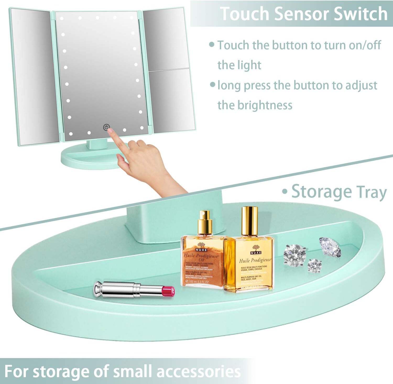 deweisn Tabletop Mount Trifold Lighted Vanity Mirror with 21 LED Lights, Touch Screen and 3X/2X/1X Magnification, Two Power Supply Mode Make up Mirror,Travel Mirror