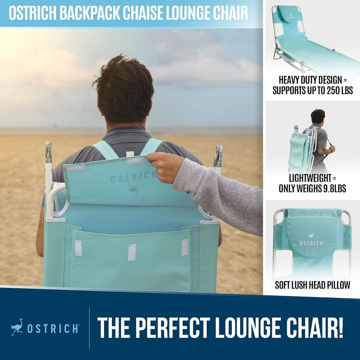 Ostrich Ladies Comfort Lounger, Foldable Beach Camping Pool Tanning Chair, Aqua
