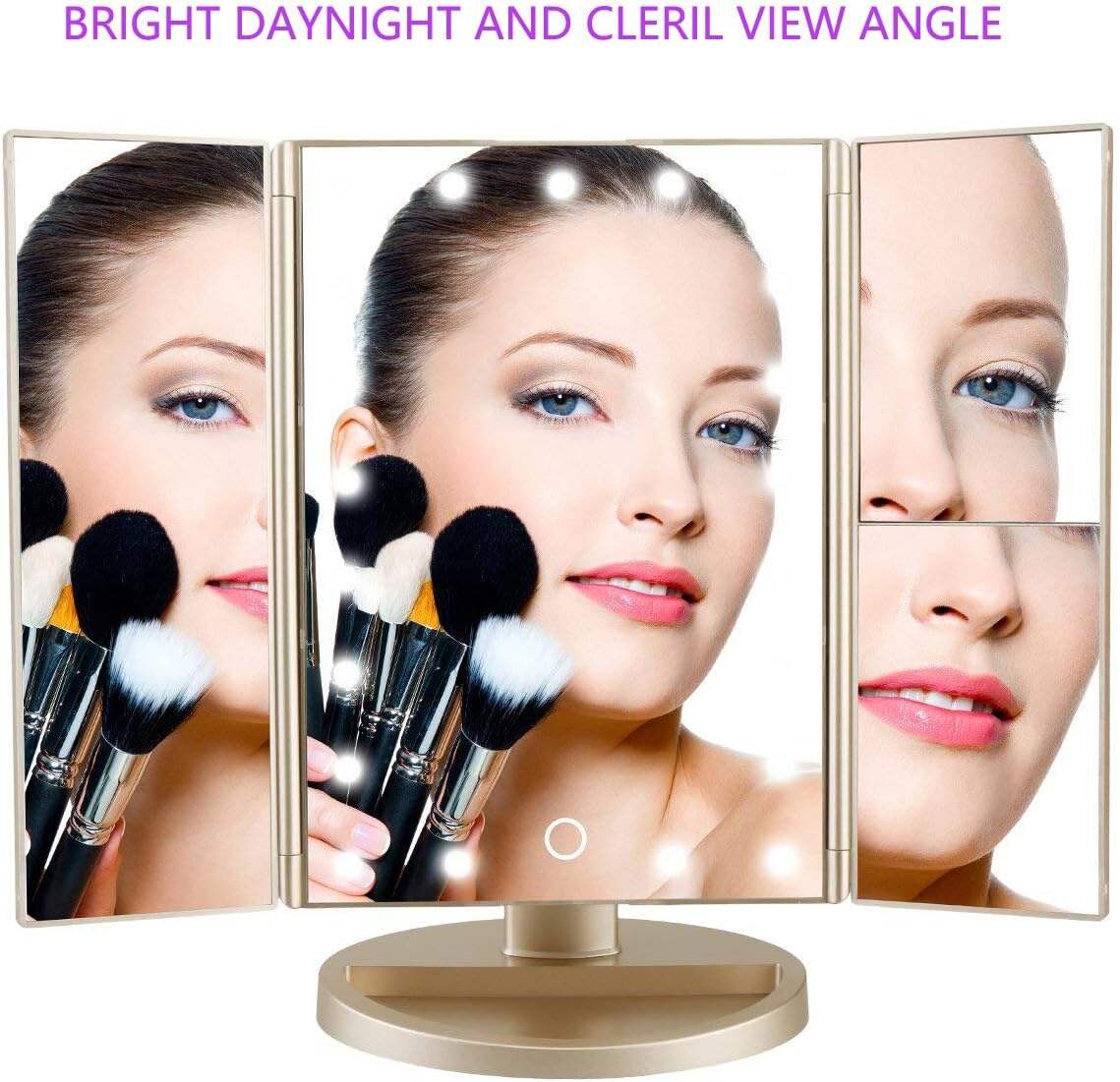 deweisn Tabletop Mount Trifold Lighted Vanity Mirror with 21 LED Lights, Touch Screen and 3X/2X/1X Magnification, Two Power Supply Mode Make up Mirror,Travel Mirror