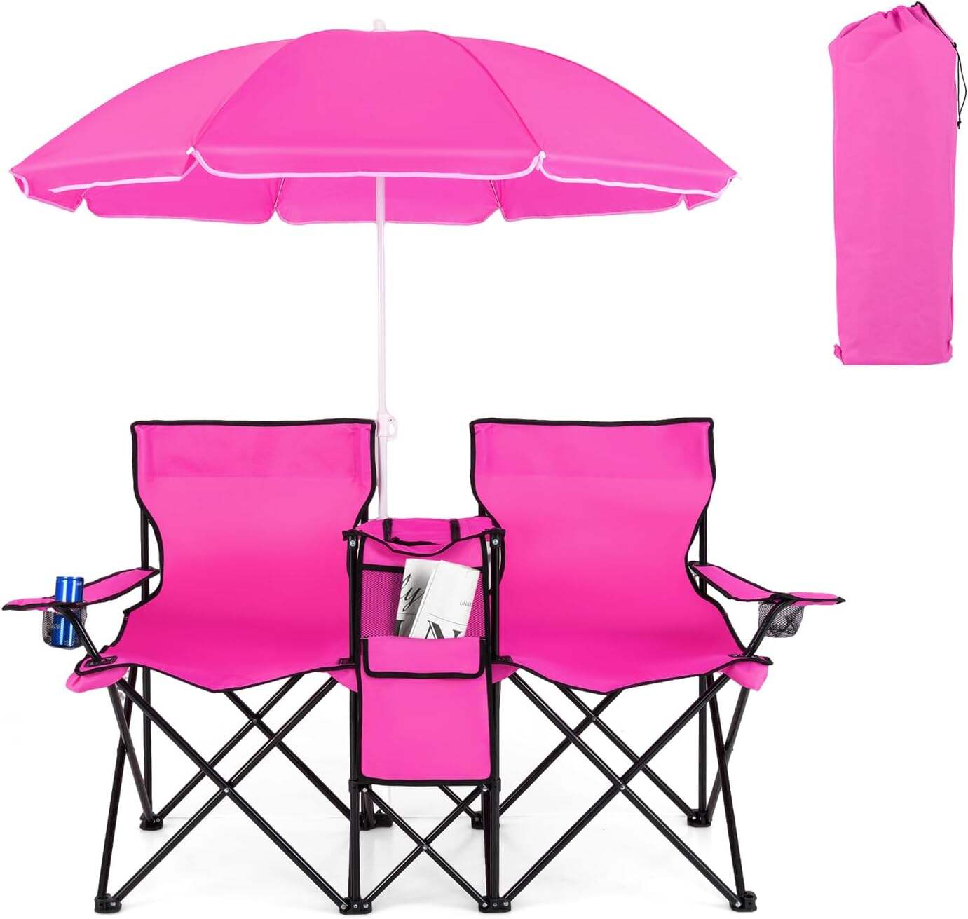 Double Camping Chair, 2-Person Portable Beach Chair w/Removable Umbrella, Cup Holders & Carrying Bag, Folding Loveseat Chairs for Adults Outdoor Picnic (Blue)