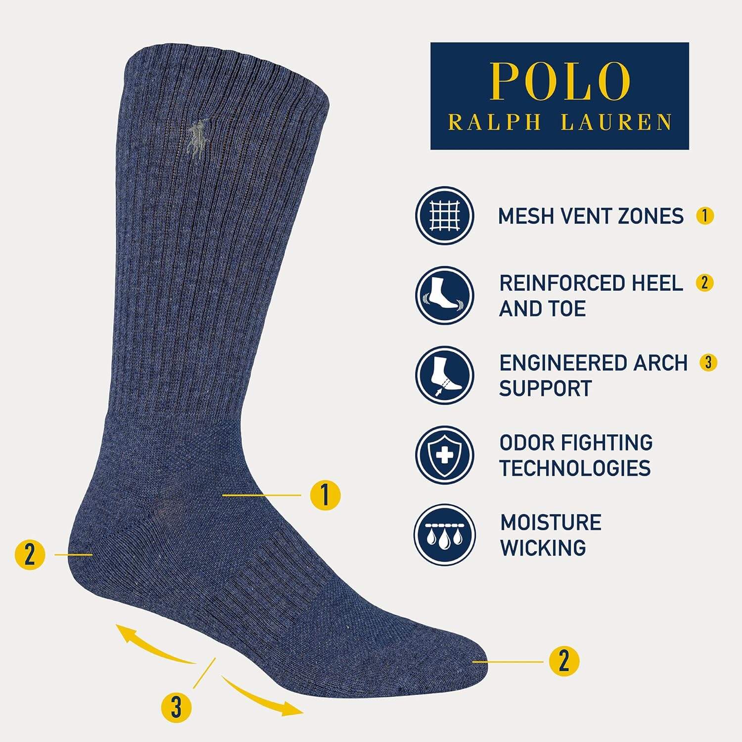 POLO RALPH LAUREN Men's Athletic Performance Cotton Crew Socks - 6 Pair Pack - Moisture Wicking Mesh