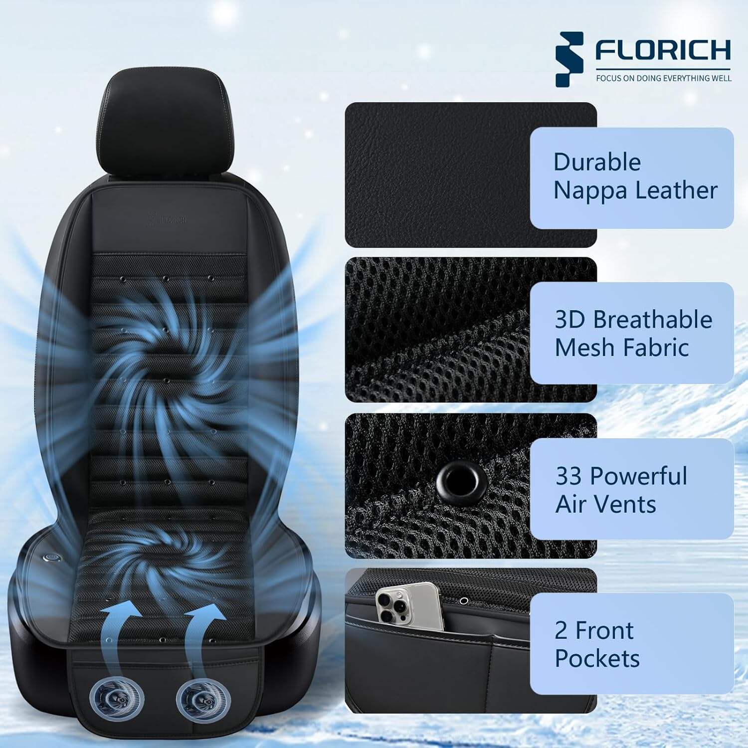 FLORICH Cooling Car Seat Cover, 12V-24V Ventilated Seat Cushion Cooling Car Seat Pad for Summer Driving with 2 Powerful Turbo Fans 3-Speed Temperature Adjustable Universal Fit for Car SUV Truck Van