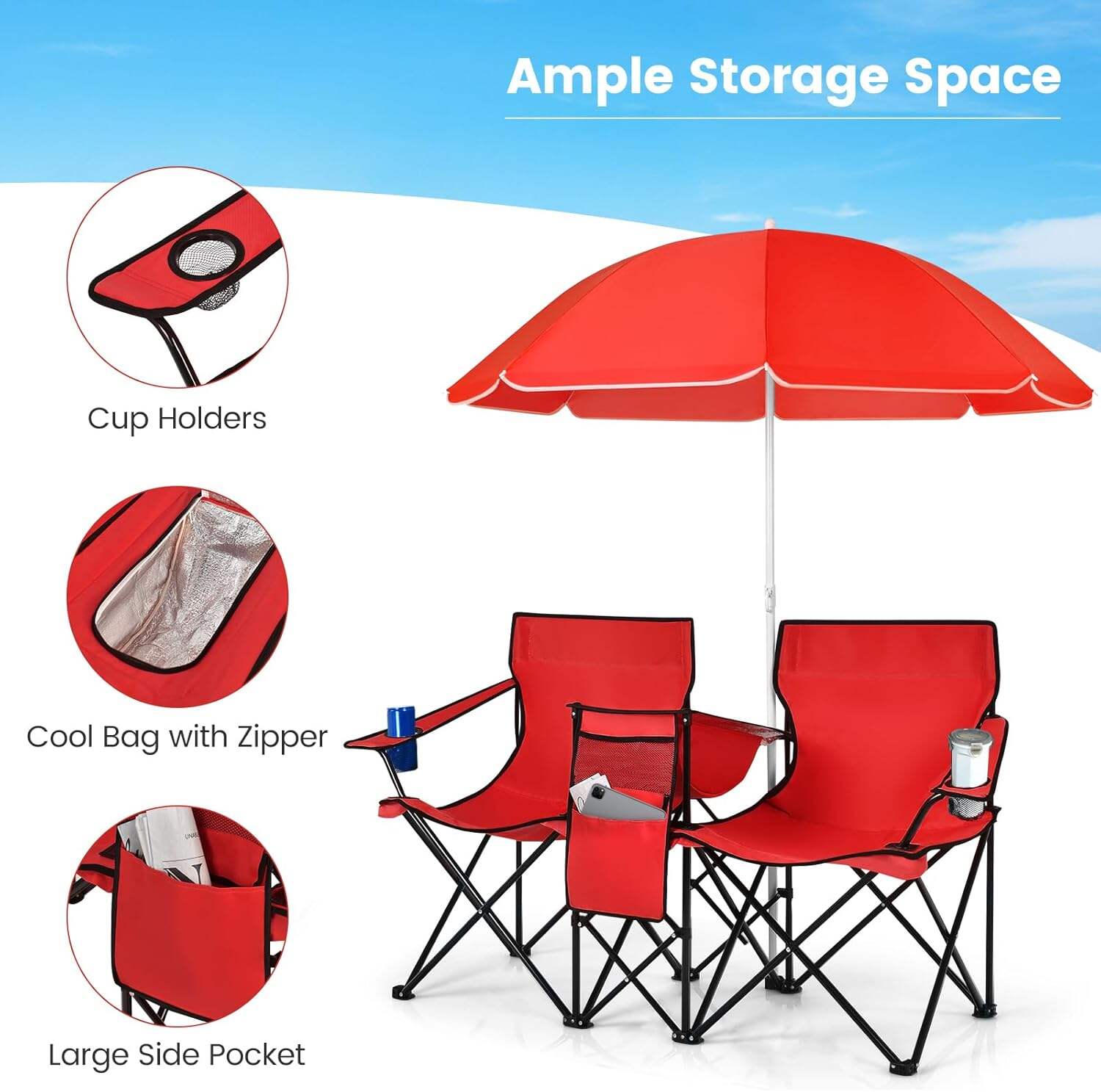 Double Camping Chair, 2-Person Portable Beach Chair w/Removable Umbrella, Cup Holders & Carrying Bag, Folding Loveseat Chairs for Adults Outdoor Picnic (Blue)