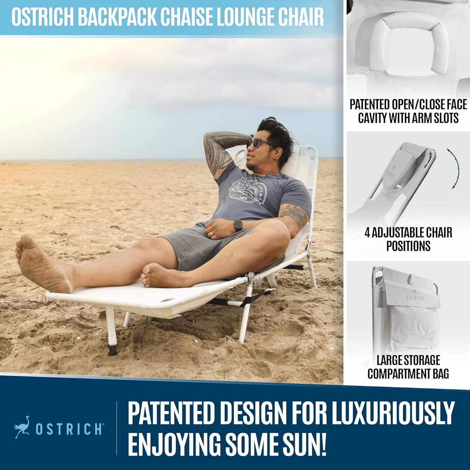 Ostrich Ladies Comfort Lounger, Foldable Beach Camping Pool Tanning Chair, Aqua