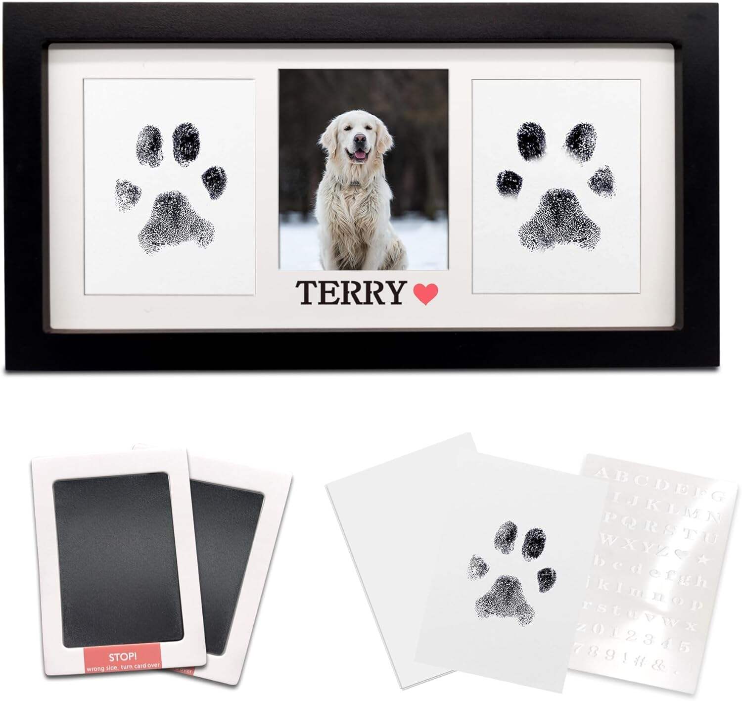 MYPAWLETS Paw Print Frame & Ink Pads Kit,Dog or Cat Paw Print Kit,2 No Mess Ink Pads for Pets,Paw Print Stamp Pad for Dogs,Wooden Pet Memorial Frame,Personalized Pet Paw Print Gifts