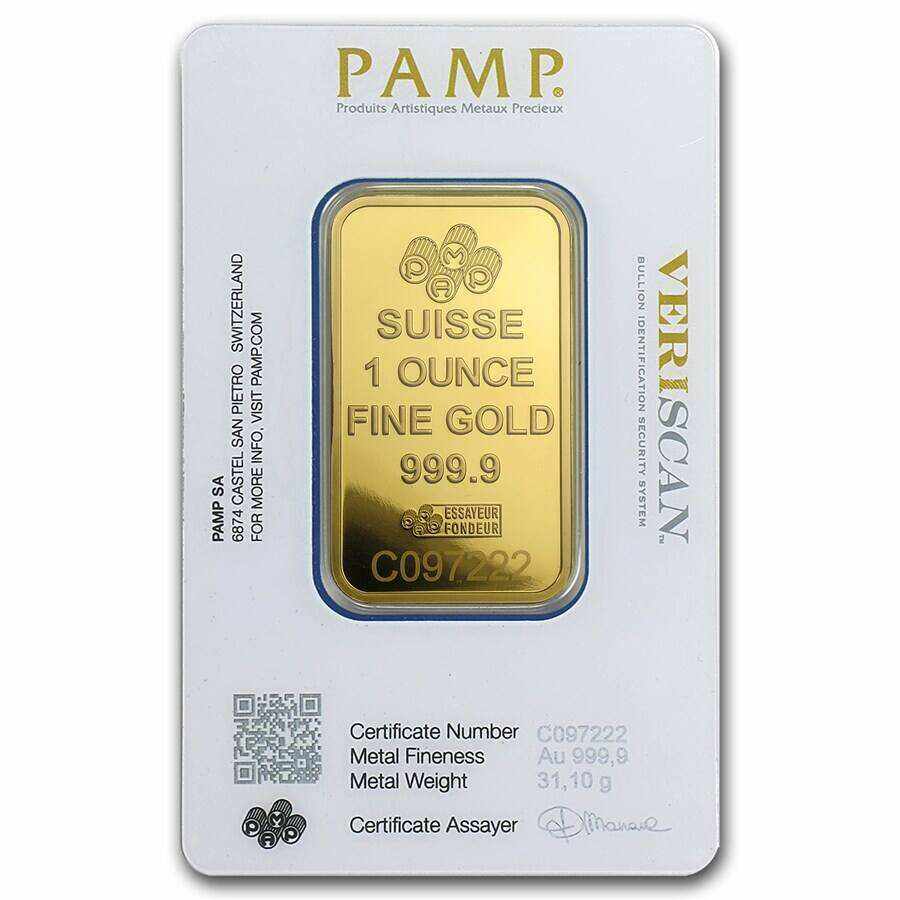1 oz Gold Bar PAMP Suisse Lady Fortuna Veriscan .9999 Fine (In Assay)