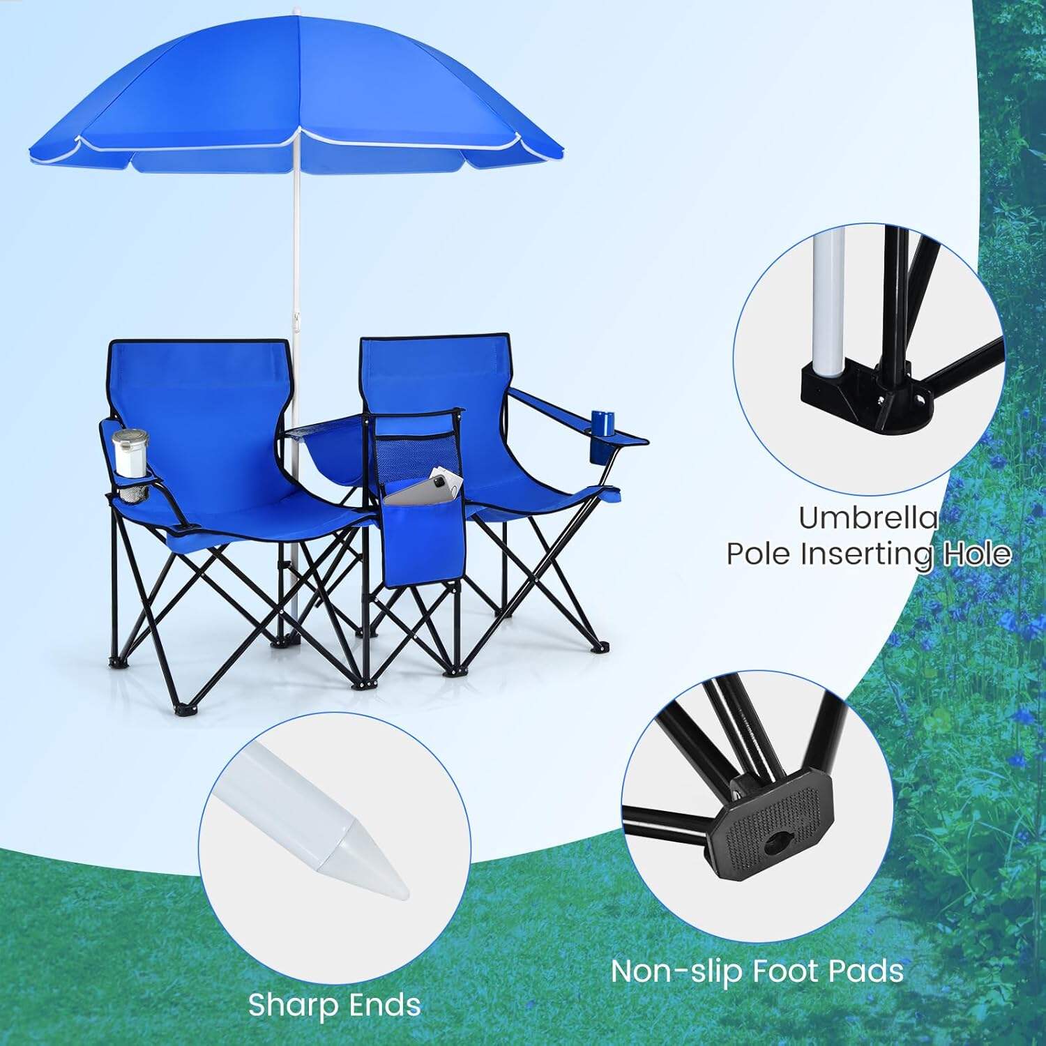 Double Camping Chair, 2-Person Portable Beach Chair w/Removable Umbrella, Cup Holders & Carrying Bag, Folding Loveseat Chairs for Adults Outdoor Picnic (Blue)