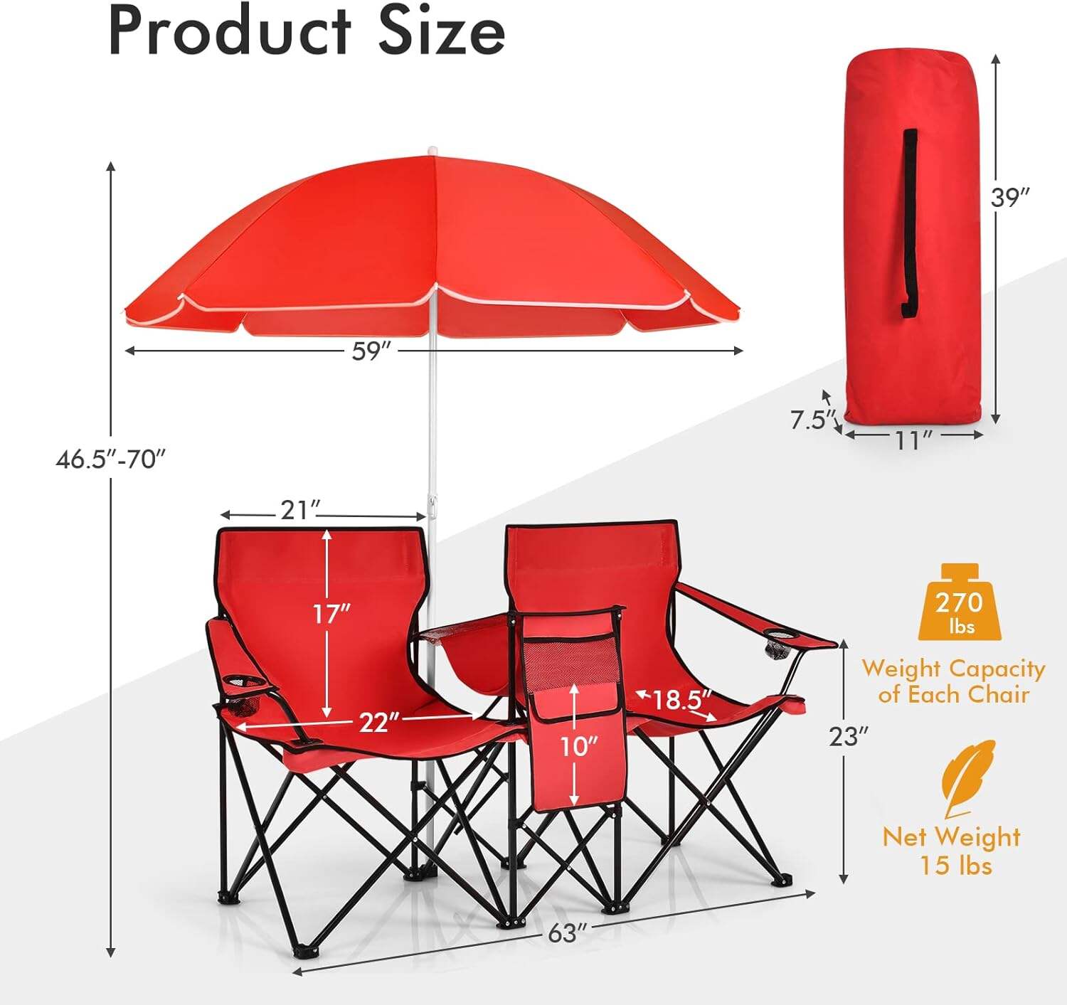 Double Camping Chair, 2-Person Portable Beach Chair w/Removable Umbrella, Cup Holders & Carrying Bag, Folding Loveseat Chairs for Adults Outdoor Picnic (Blue)
