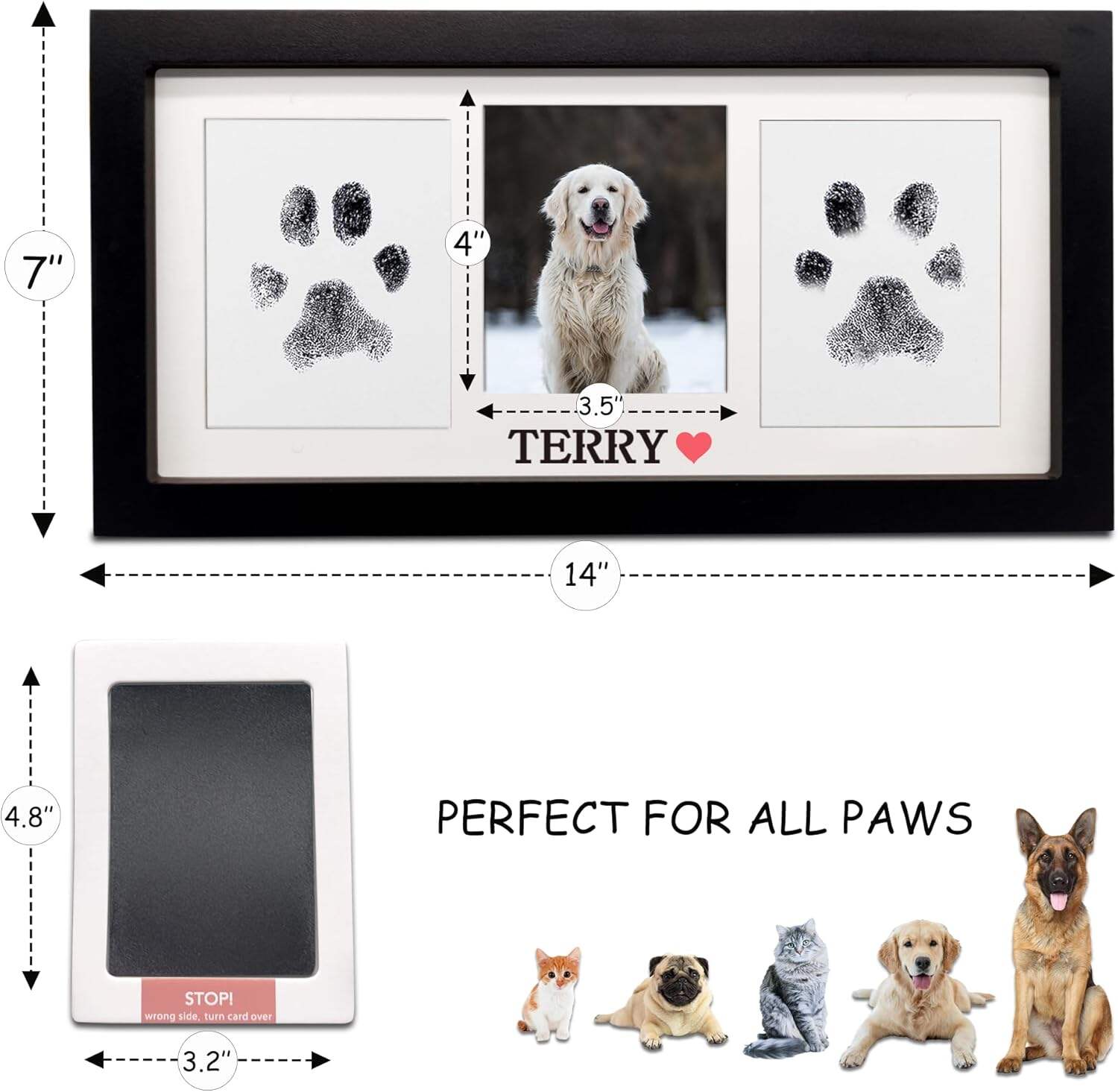 MYPAWLETS Paw Print Frame & Ink Pads Kit,Dog or Cat Paw Print Kit,2 No Mess Ink Pads for Pets,Paw Print Stamp Pad for Dogs,Wooden Pet Memorial Frame,Personalized Pet Paw Print Gifts