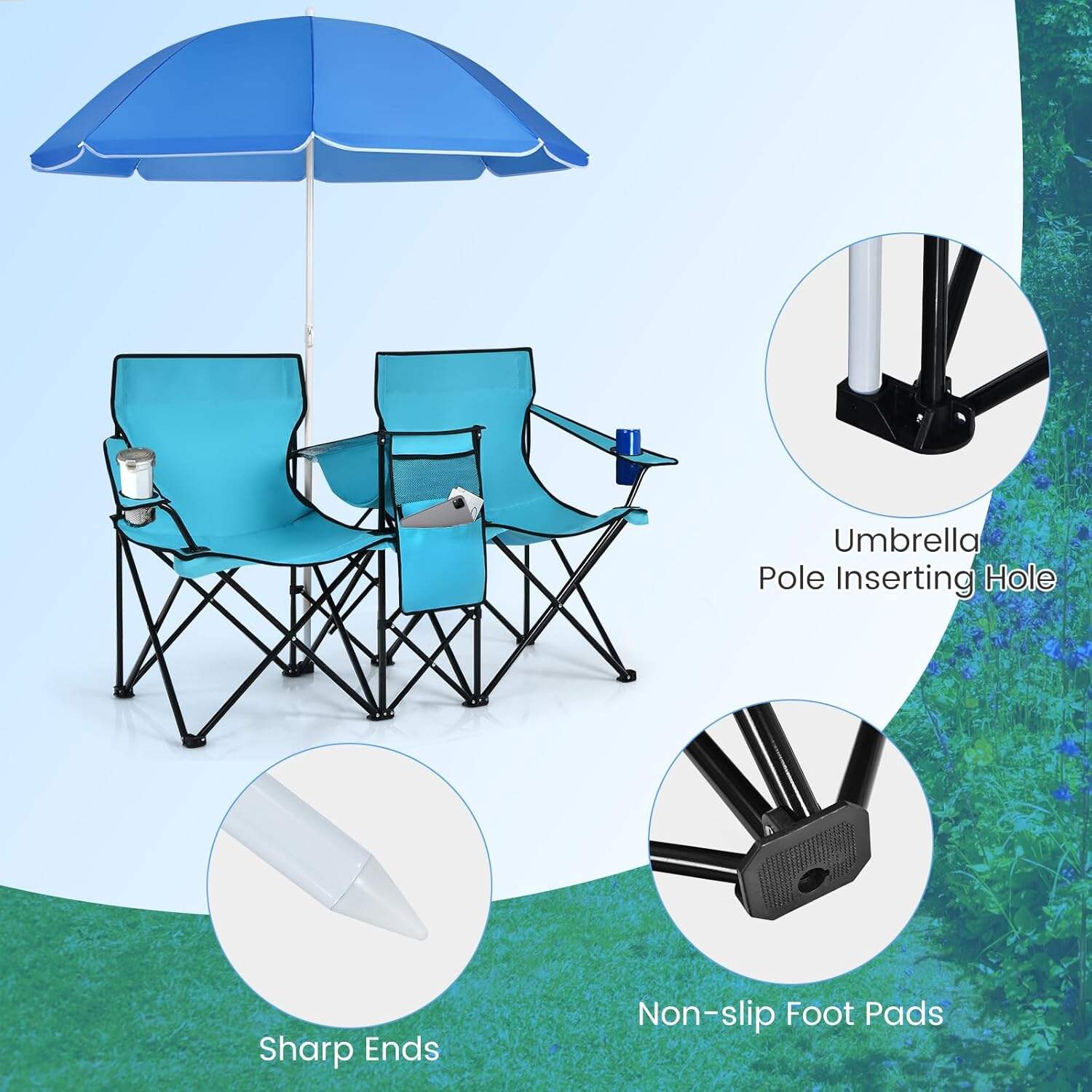 Double Camping Chair, 2-Person Portable Beach Chair w/Removable Umbrella, Cup Holders & Carrying Bag, Folding Loveseat Chairs for Adults Outdoor Picnic (Blue)