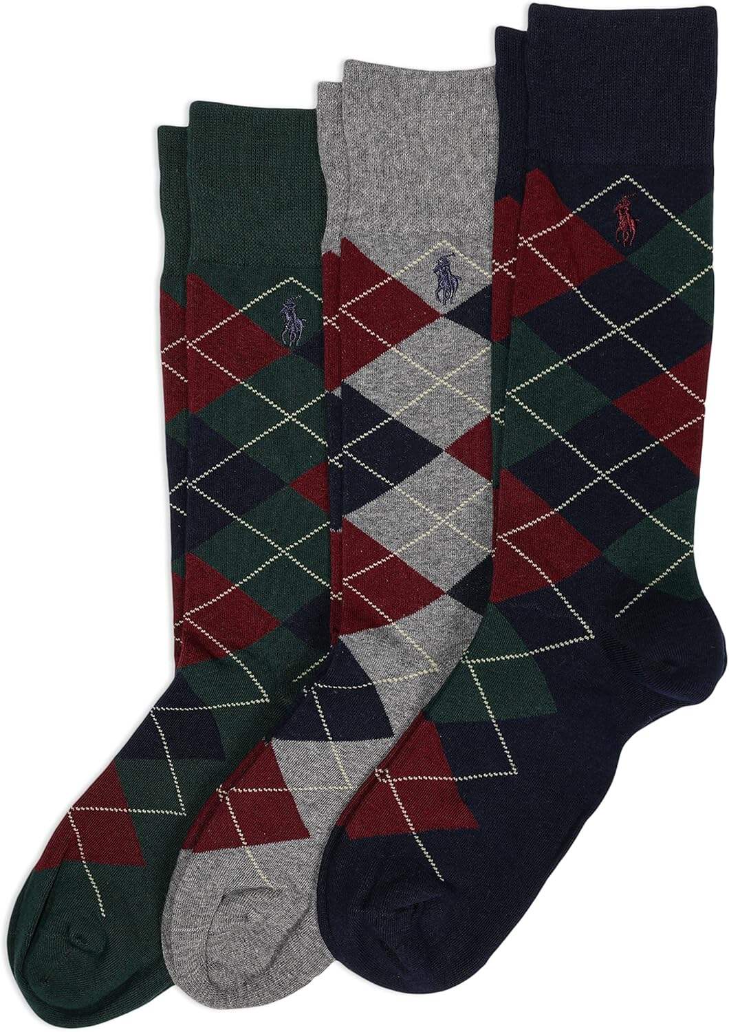 Polo Ralph Lauren Men's Argyle Pattern Dress Crew Socks - 3 Pair Pack - Soft Lightweight Cotton Comfort