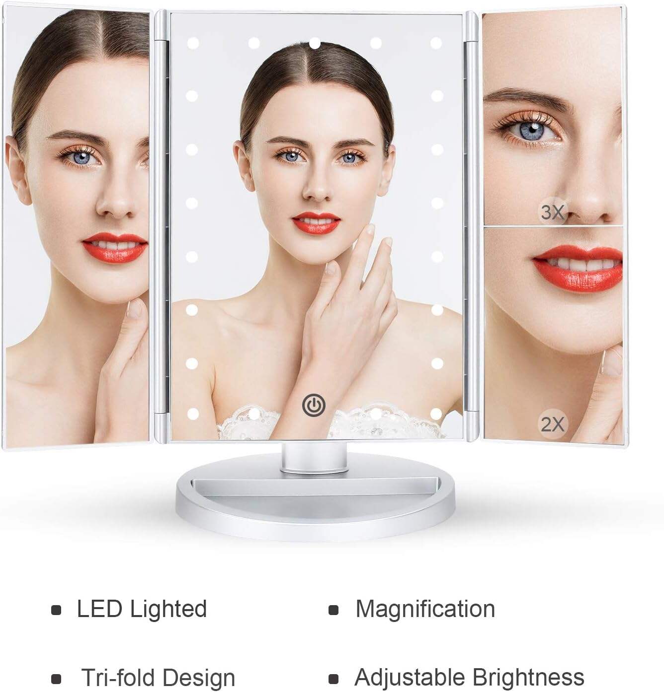 deweisn Tabletop Mount Trifold Lighted Vanity Mirror with 21 LED Lights, Touch Screen and 3X/2X/1X Magnification, Two Power Supply Mode Make up Mirror,Travel Mirror
