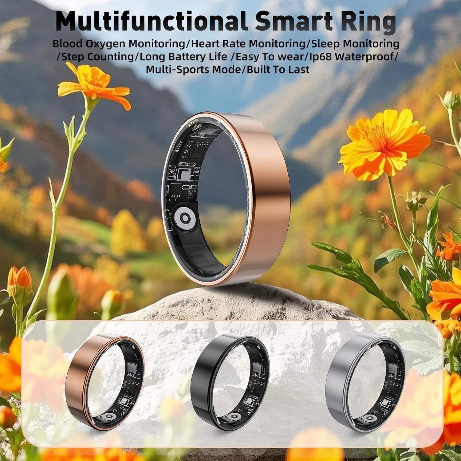 Smart Ring with Sleep Monitoring, Step Counting, Heart Rate, Blood Oxygen, Blood Pressure for iPhone and Android, No Subscription Fee, IP68 Waterproof Health Tracker (Rose Gold, 7)
