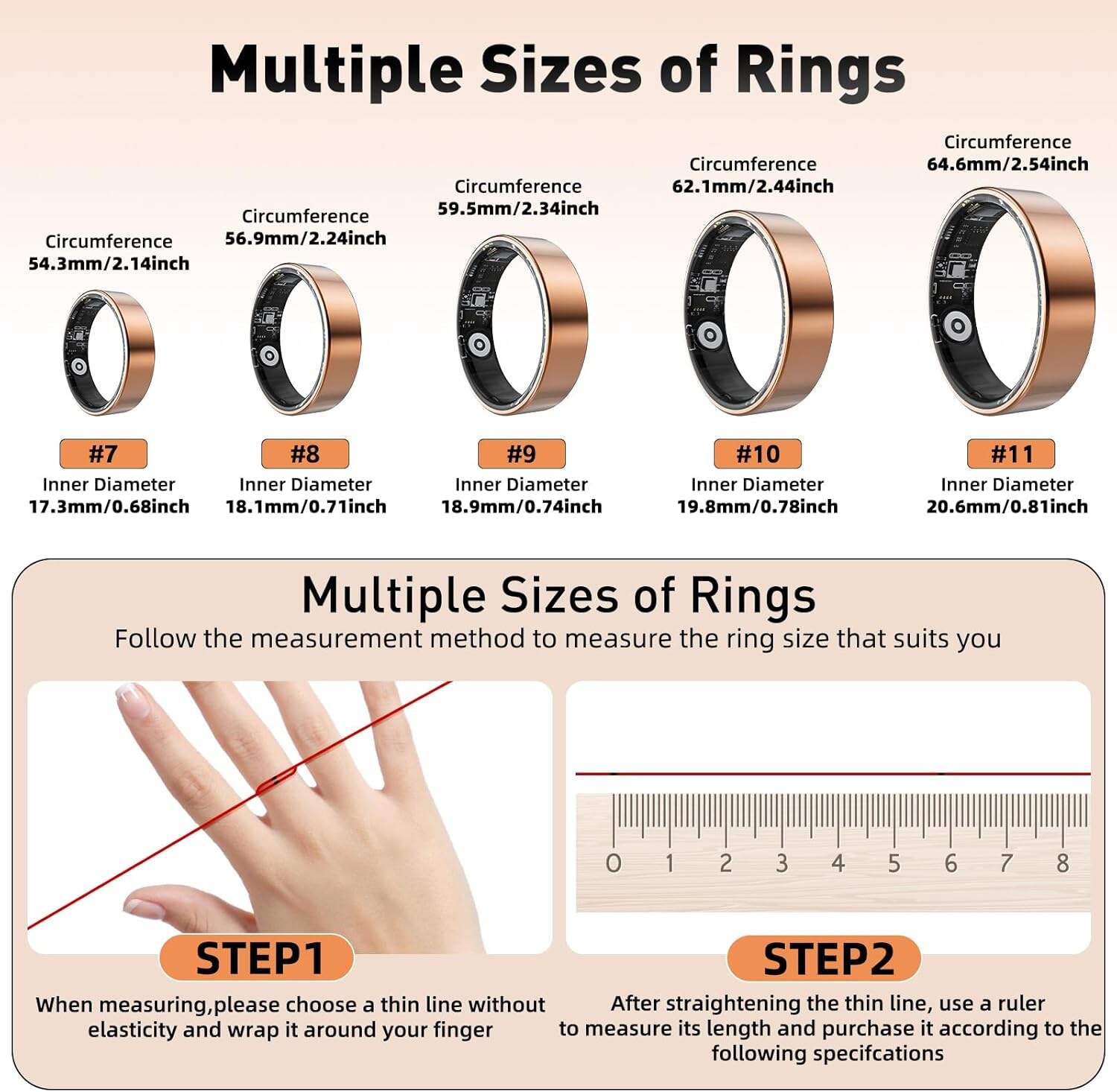 Smart Ring with Sleep Monitoring, Step Counting, Heart Rate, Blood Oxygen, Blood Pressure for iPhone and Android, No Subscription Fee, IP68 Waterproof Health Tracker (Rose Gold, 7)